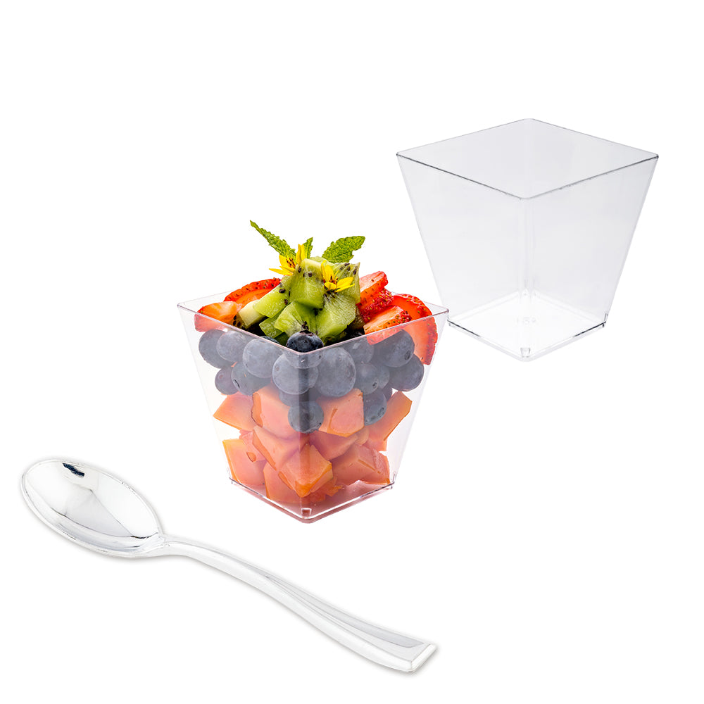 100 Pack 8 oz Square Clear Plastic Kova Cups with 100 Silver Mini Spoons - Perfect for Party Favors, Wedding Receptions, and Dessert Serving