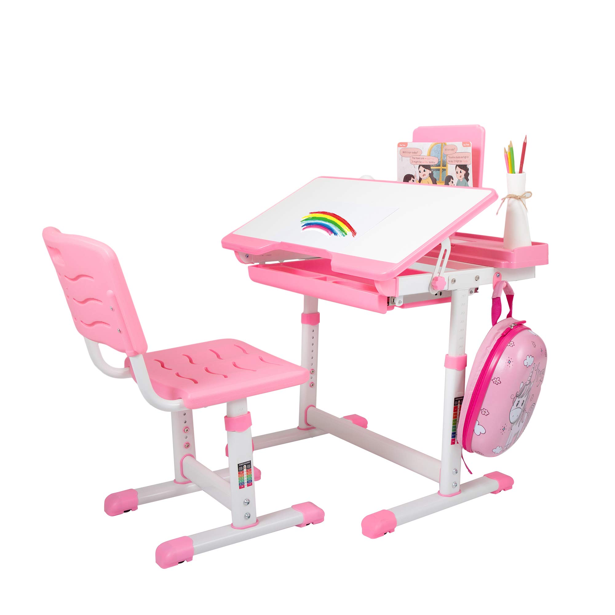 Sandinrayli Adjustable Kids Desk and Chair Set - Ergonomic Study Table with Tilt Desktop, Pull-Out Drawer, Book Stand & Backpack Hook - Perfect for Girls Room, Homeschooling & Online Learning (Pink)