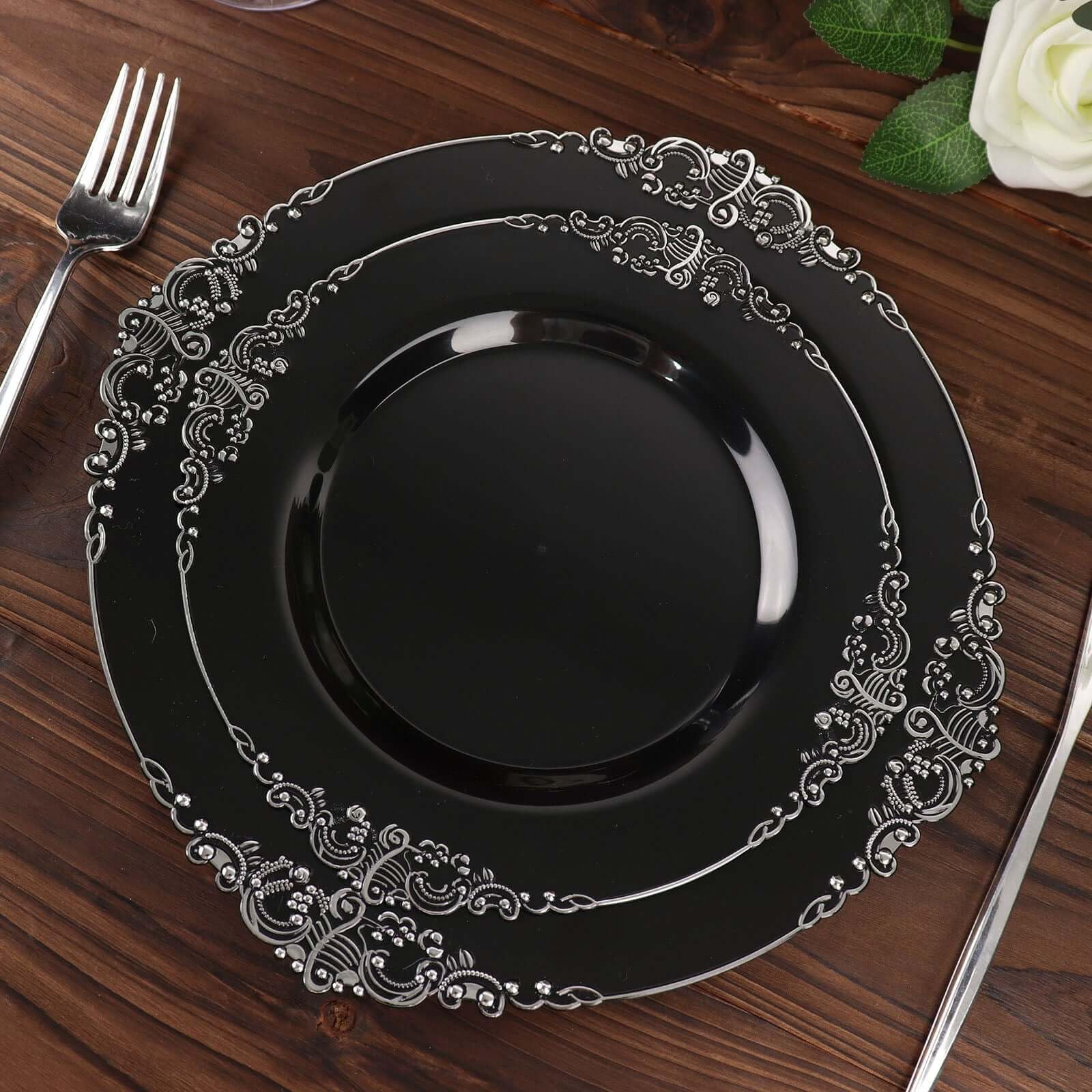 Efavormart 10-Pack Black Silver Baroque 8 Inch Round Plastic Dessert Plates - Disposable Salad Plates with Gold Leaf Embossed Rim for Parties, Weddings & Elegant Dining Events