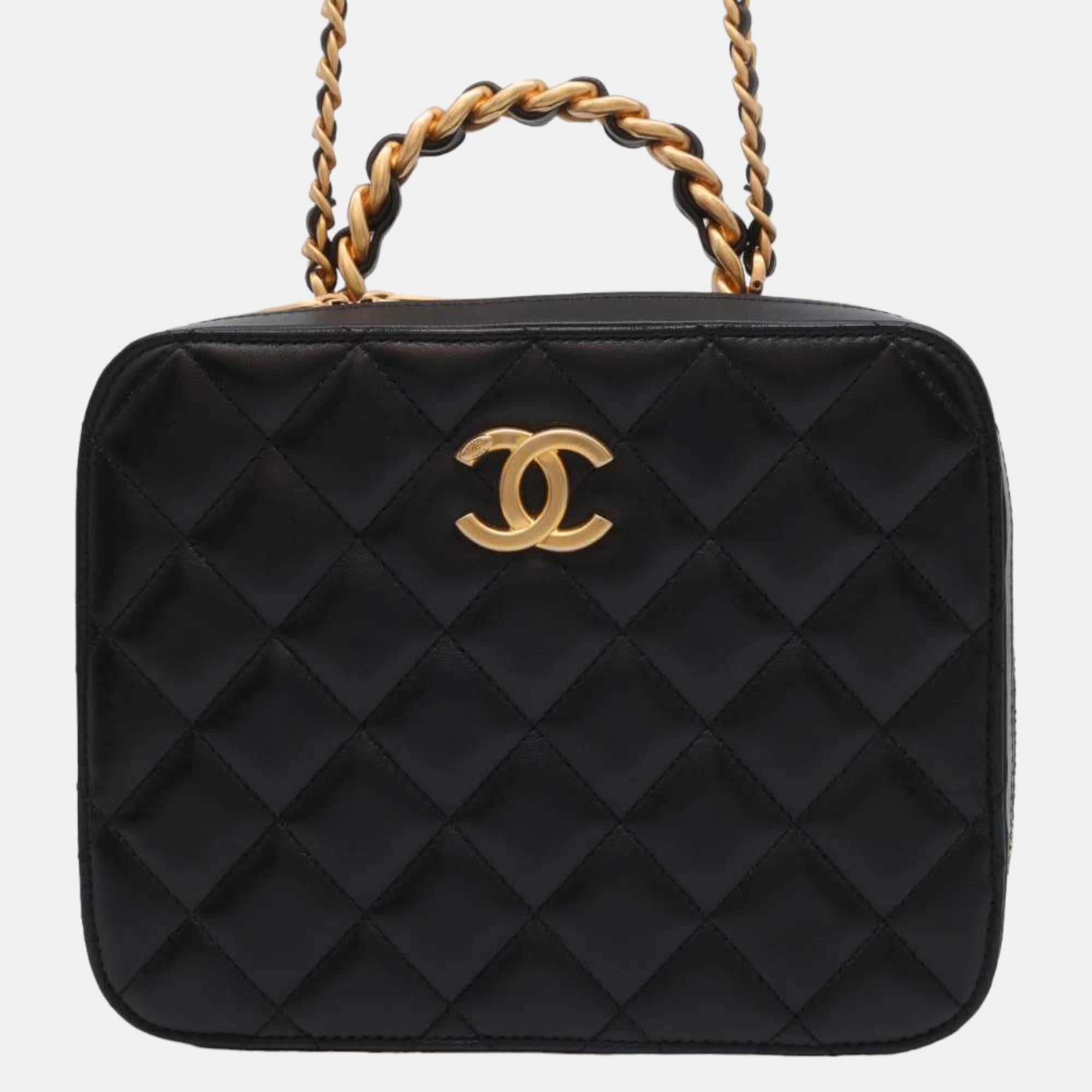 Luxury Black Lambskin Vanity Top Handle Bag for Women - Elegant Evening Clutch, Perfect for Parties, Weddings & Special Occasions