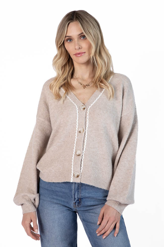 Elegant Beige & Ivory Rickrack Trim Cardigan for Women | Cozy Knit Sweater | Perfect for Fall & Winter Layering | Final Sale