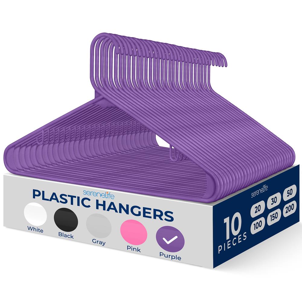 SereneLife Premium 10 Pack Plastic Clothes Hangers - Lightweight & Durable Space Saving Hangers for Shirts, Sweaters, Hoodies, Dresses & Kids Clothing - Perfect for Closet Organization & Home Storage (Purple) - Ideal for Bedrooms, Walk-in Closets & Laundry Rooms