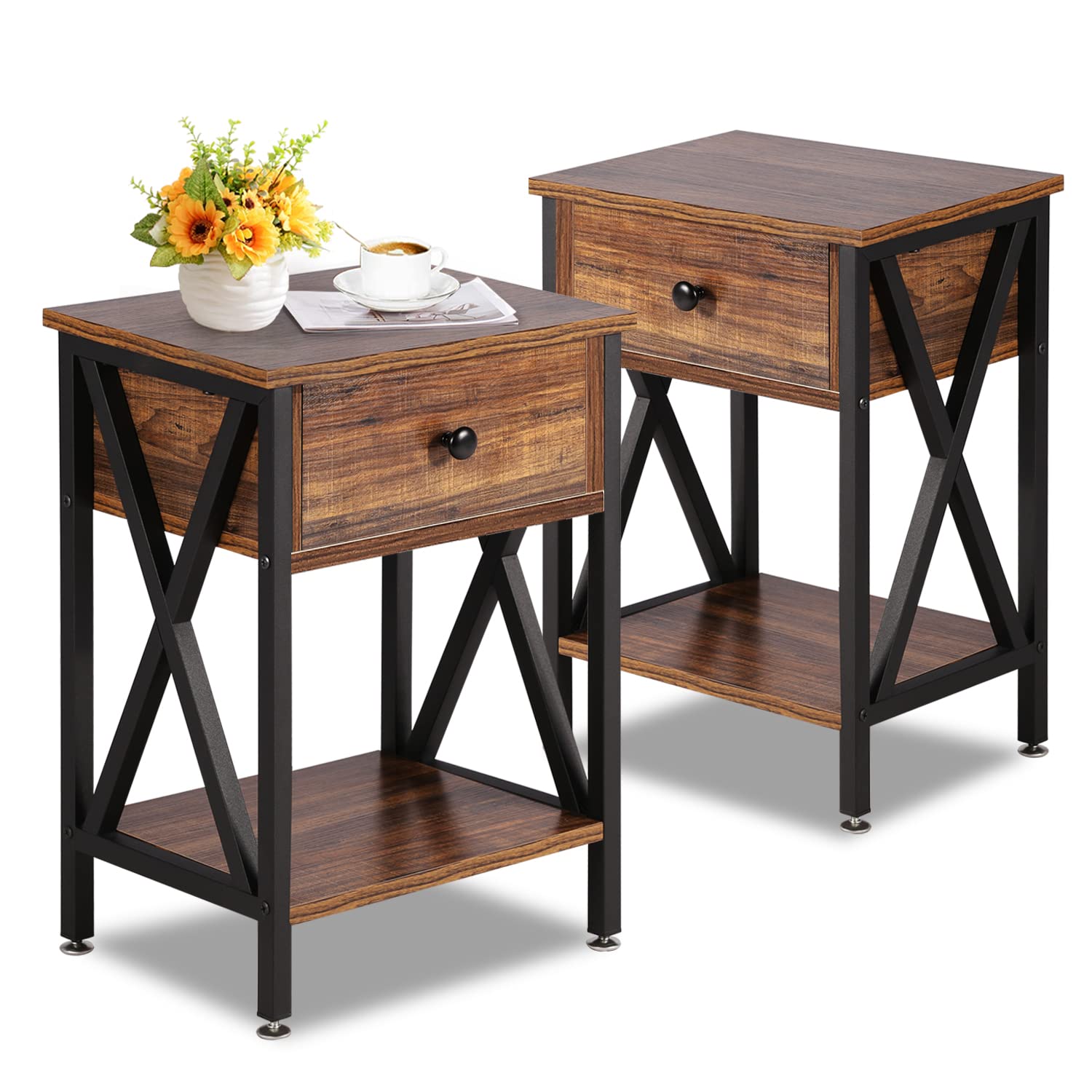 VECELO Modern X-Design Side End Table with Drawer - Set of 2 Nightstands for Bedroom & Living Room - Retro Brown End Tables - Perfect for Small Spaces, Apartment Decor & Guest Room Furniture