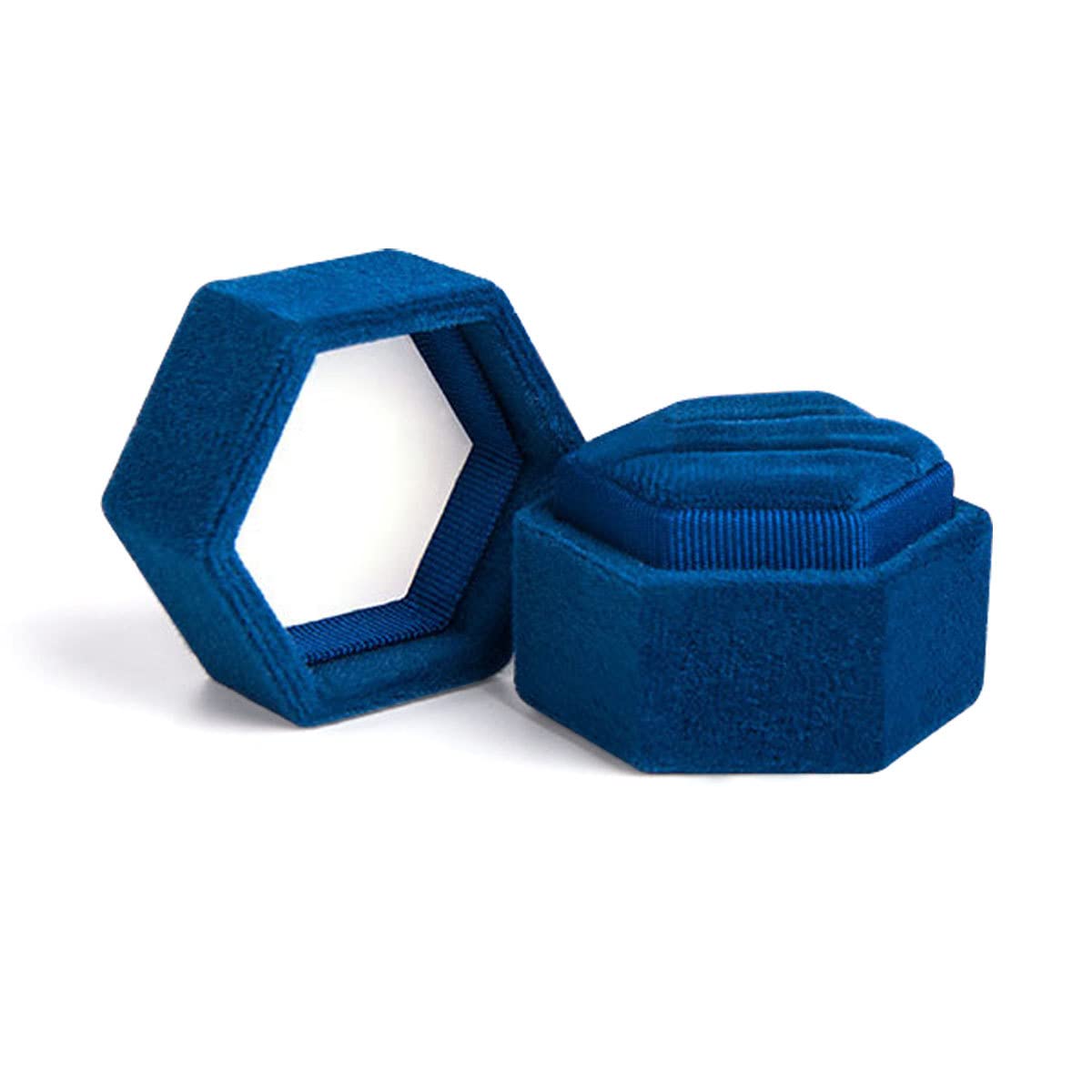 Blongme Velvet Hexagon Double Ring Box for Wedding & Proposal - Detachable Lid, Elegant Engagement Ring Holder (Blue) - Perfect for Ceremonies, Surprise Proposals & Gift Giving