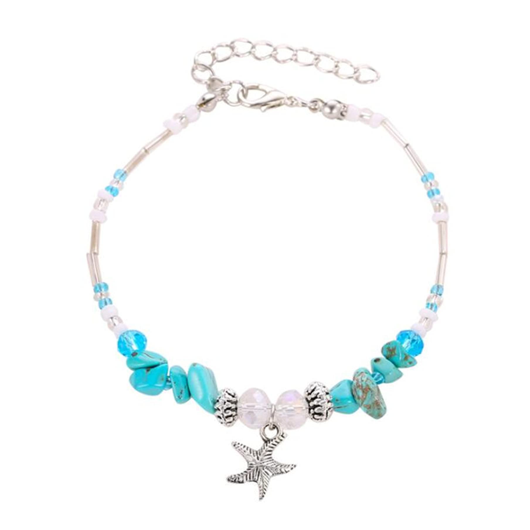 Boho Anklet Bracelet for Women - Conch Shell Turquoise & Clear Pearl Beaded Ankle Chain with Starfish Charm | Beach Wedding, Summer Vacation, Boho Fashion Accessory