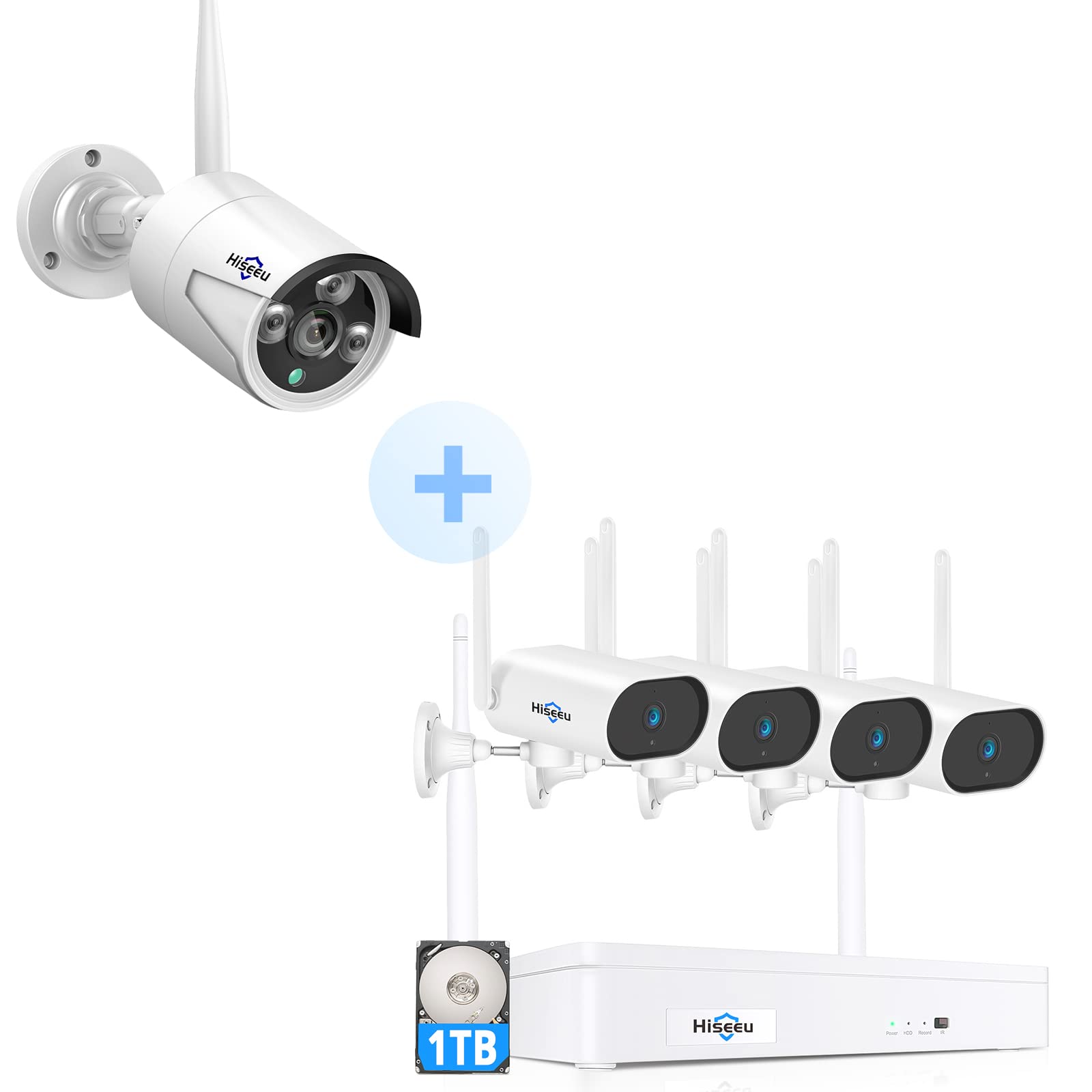 Expandable 8CH 2K Hiseeu 3MP Wireless Security Camera System for Outdoor & Indoor Use - 4pcs 180° Pan View Cameras with 2-Way Audio, 8CH NVR System + 3MP One Way Audio Camera - Ideal for Home Security, Business Surveillance & Property Monitoring