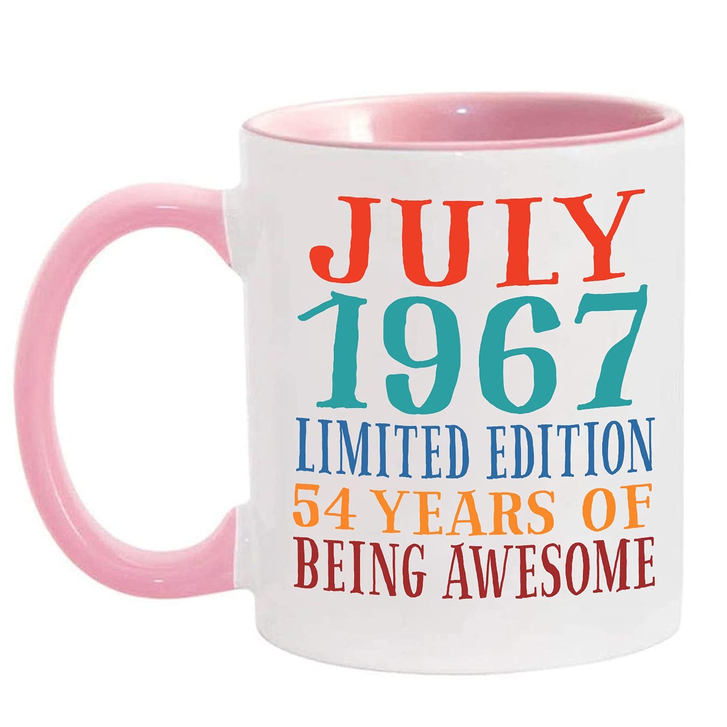 July 1967 Birthday Mug - 54th Birthday Gift for Men, Women, Boyfriend, Girlfriend, Dad or Mom - '54 Years of Being Awesome' Ceramic Coffee Cup with Pink Handle - Perfect for Birthday Parties, Office Use & Anniversary Celebrations