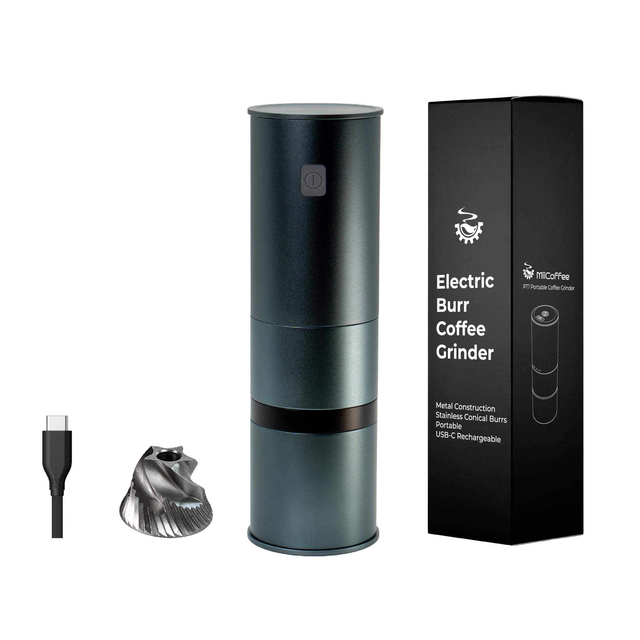 PT1 Portable Electric Burr Coffee Grinder - USB-C Rechargeable Stainless Steel Conical Burr Mill with Aluminum Body & Cleaning Brush - Perfect for Home, Office, Travel & Camping Coffee Brewing