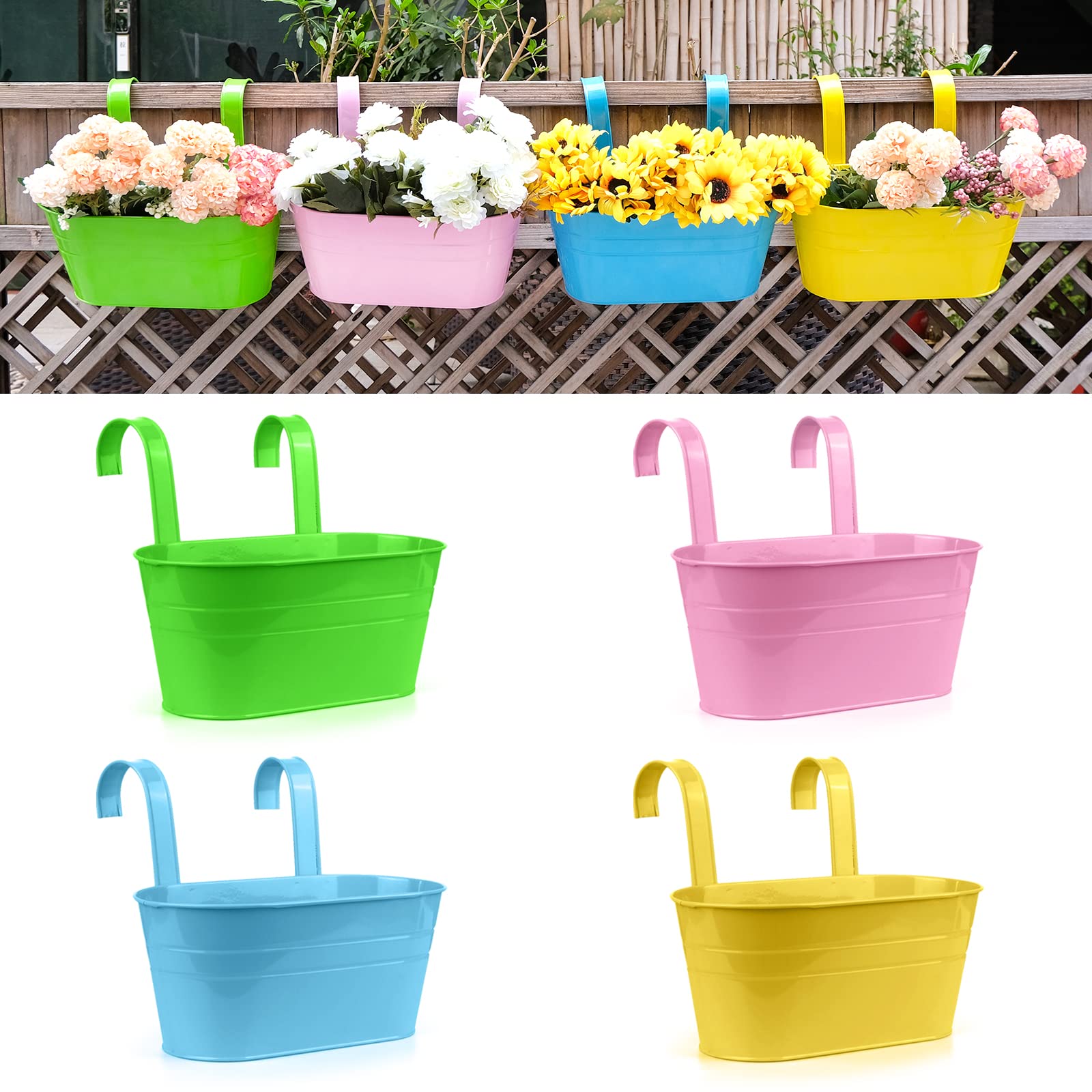 RIOGOO 4-Pack Large Metal Hanging Flower Pots - Detachable Hook Iron Planters for Garden, Balcony & Wall Decor | Indoor Outdoor Use for Flowers, Herbs & Succulents