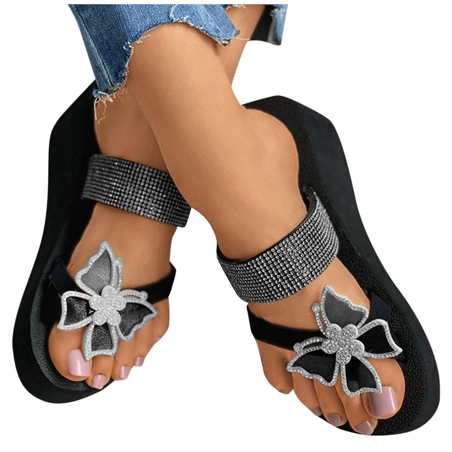Women's Rhinestone Butterfly Platform Sandals - Casual Slip-On Wedge Sandals for Beach, Dress & Everyday Wear | Comfortable & Stylish Summer Shoes