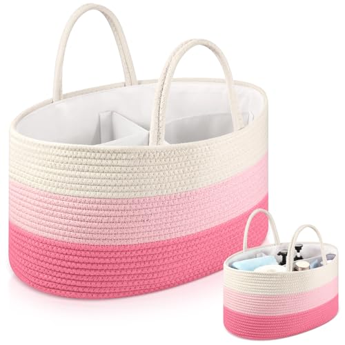 Oversized Diaper Caddy Organizer with 4 Removable Dividers - Extra Large Baby Storage Basket for Diapers & Kids Essentials - Portable Tote Bin in Gradient Pink - Perfect for Nursery Organization & On-the-Go Parents