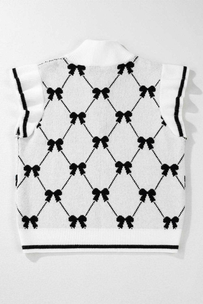 Stylish Black Bow Print Zip-Up Collar Short Sleeve Sweater Tee for Women | Casual Spring Outfits & Office Wear