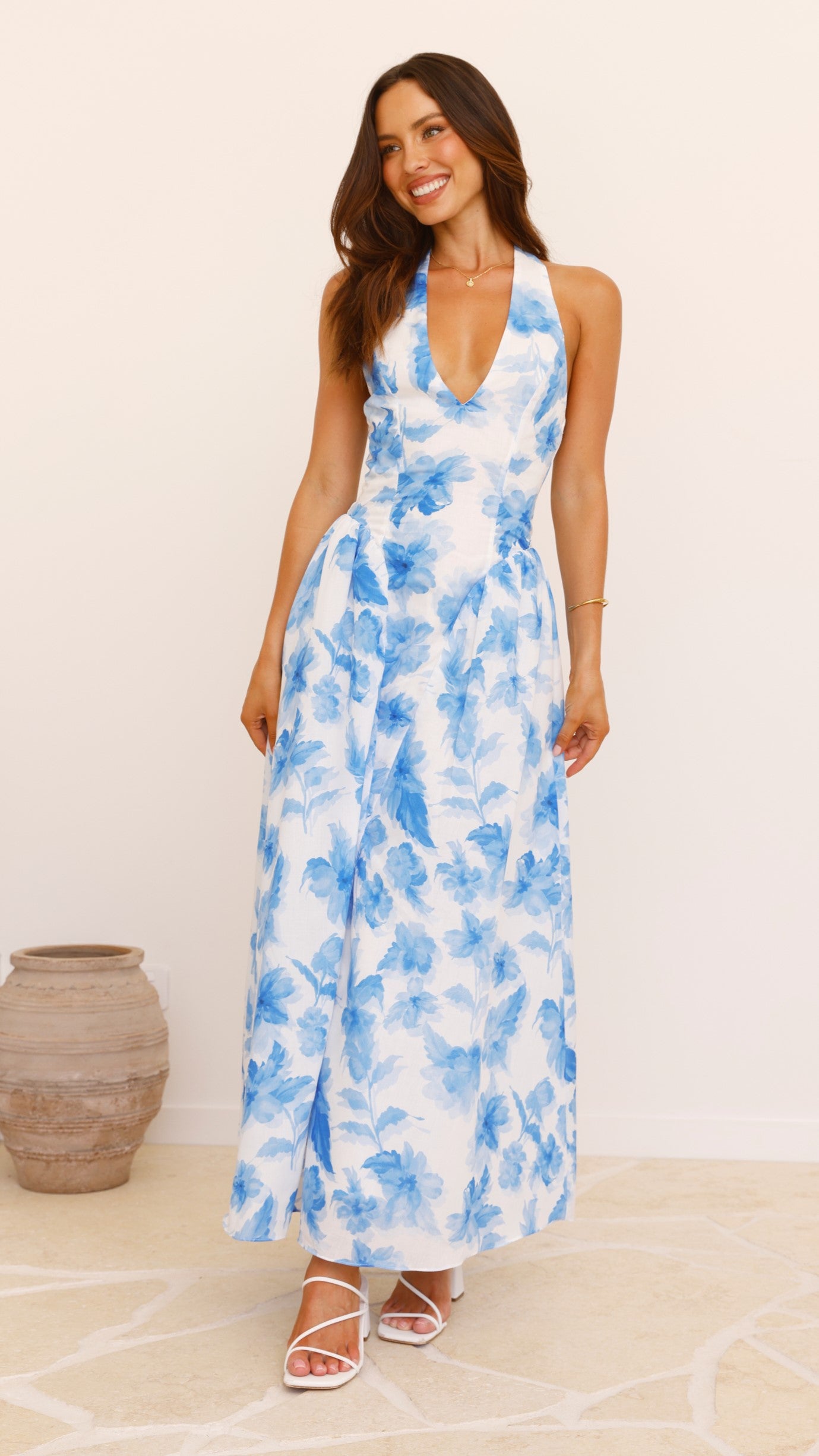 Bryony Halter Neck Maxi Dress - Blue Floral Summer Dress for Women, Beach Wedding Guest Outfit, Boho Chic Vacation Dress