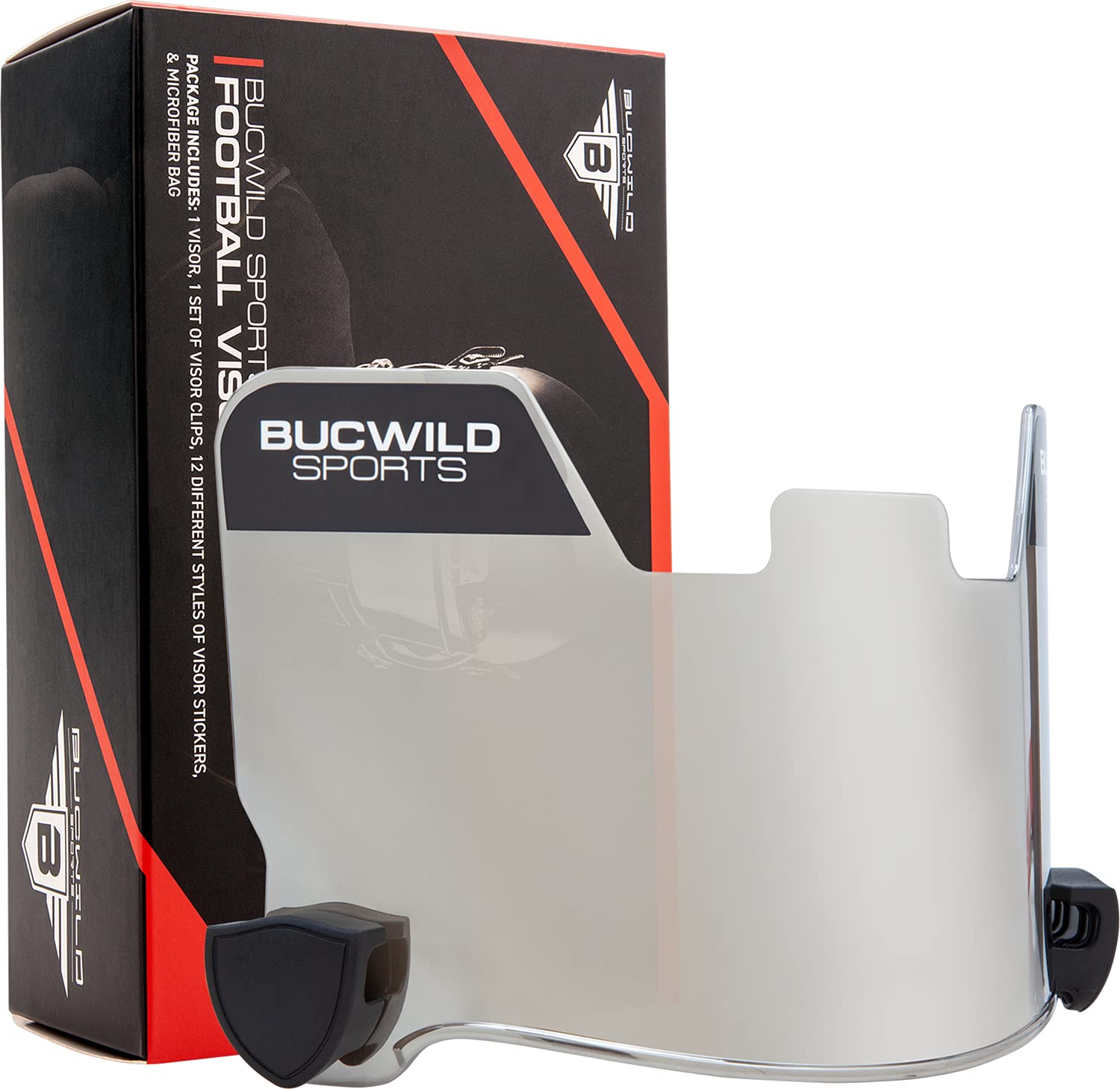 Bucwild Sports Football Visor Helmet Facemask Shield for Youth & Adults - Clear, Black, Chrome, Gold, Tinted Blue & Red | Includes Clips, Stickers & Microfiber Cloth Bag | Perfect for Football Games, Training & Outdoor Sports Protection
