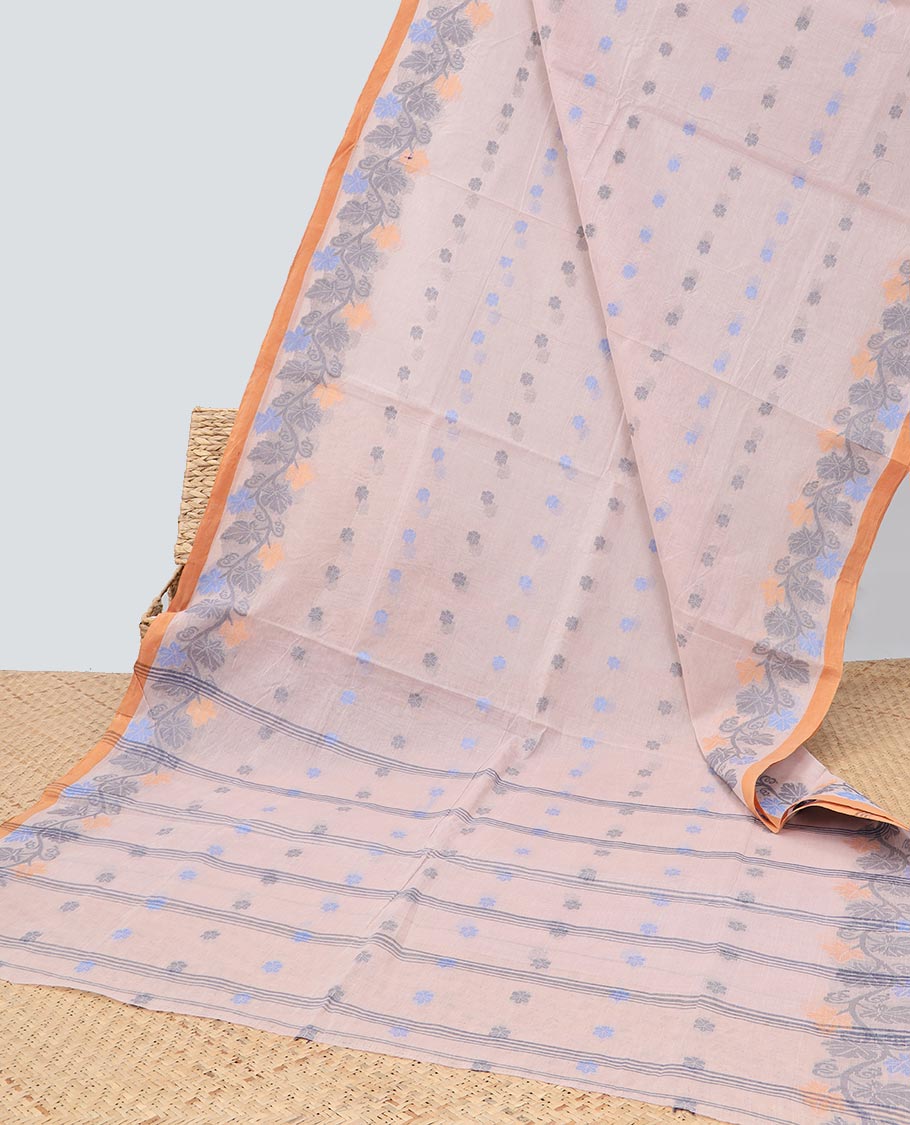 Elegant Beige Bengal Cotton Saree with Butta Designs, Floral Creeper Border & Striped Pallu - Perfect for Weddings, Festivals and Traditional Occasions