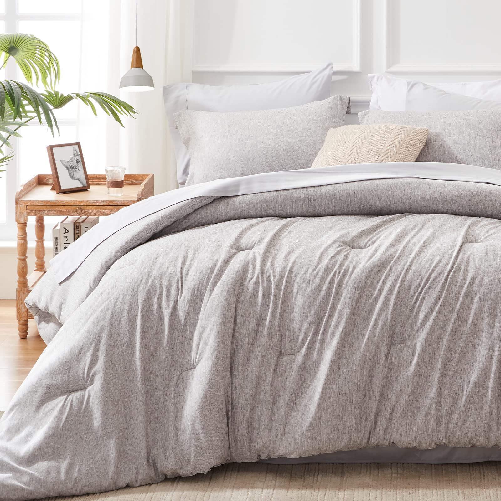 UNILIBRA 7-Piece Queen Comforter Set - All Seasons Soft Grey Bedding Collection with Comforter, Sheets & Pillowcases | Cationic Dyeing Technology | Perfect for Master Bedroom, Guest Room & Dorm Decor