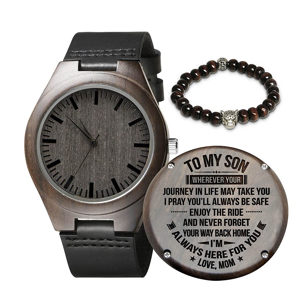 Kenon Engraved Wooden Watch for Men - Natural Ebony Wood Groomsmen Watch, Custom Engraved Gift for Husband, Son, Boyfriend - Perfect for Birthday, Anniversary, Wedding - Ideal for Formal Events & Everyday Wear