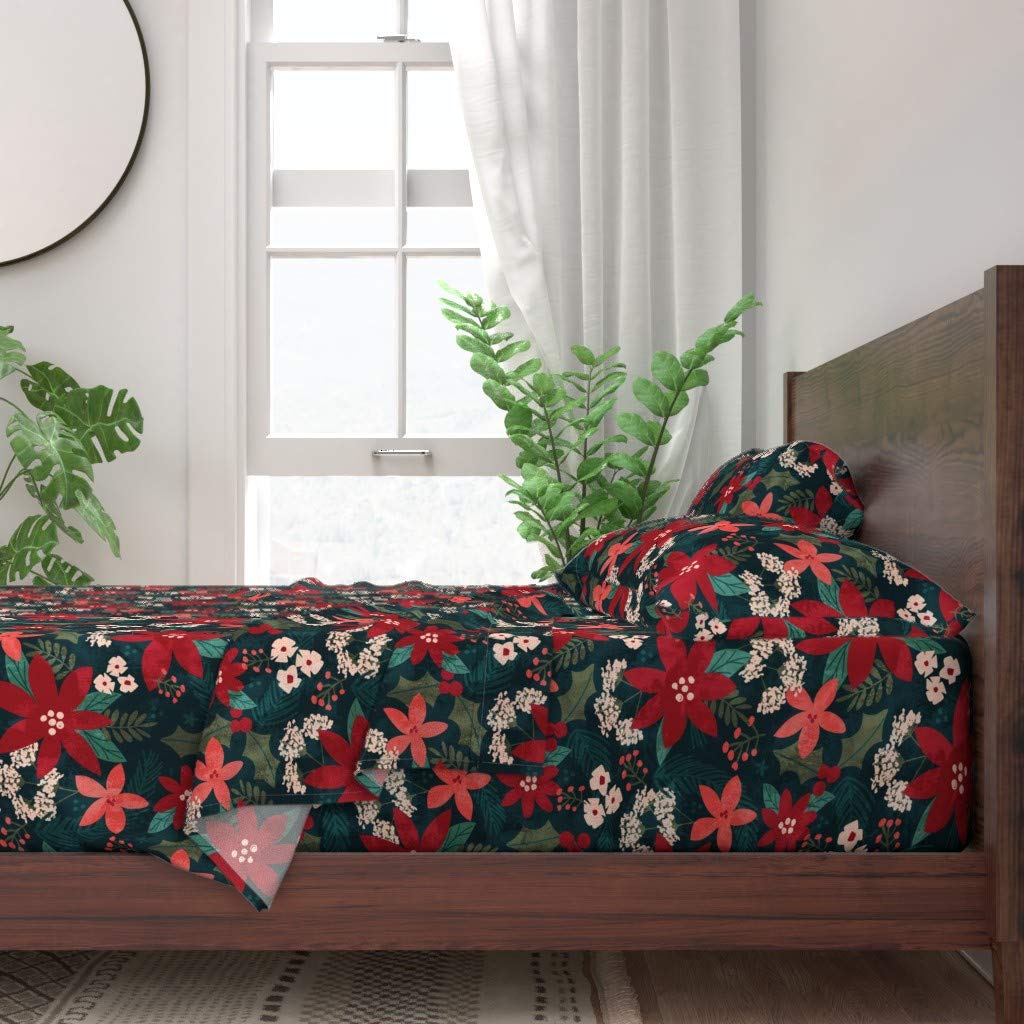 Premium 100% Cotton Twin 3-Piece Bed Sheet Set | Christmas Winter Floral Holly Red Holiday Print | Soft Breathable Custom Bedding for Cozy Winter Nights & Festive Home Decor
