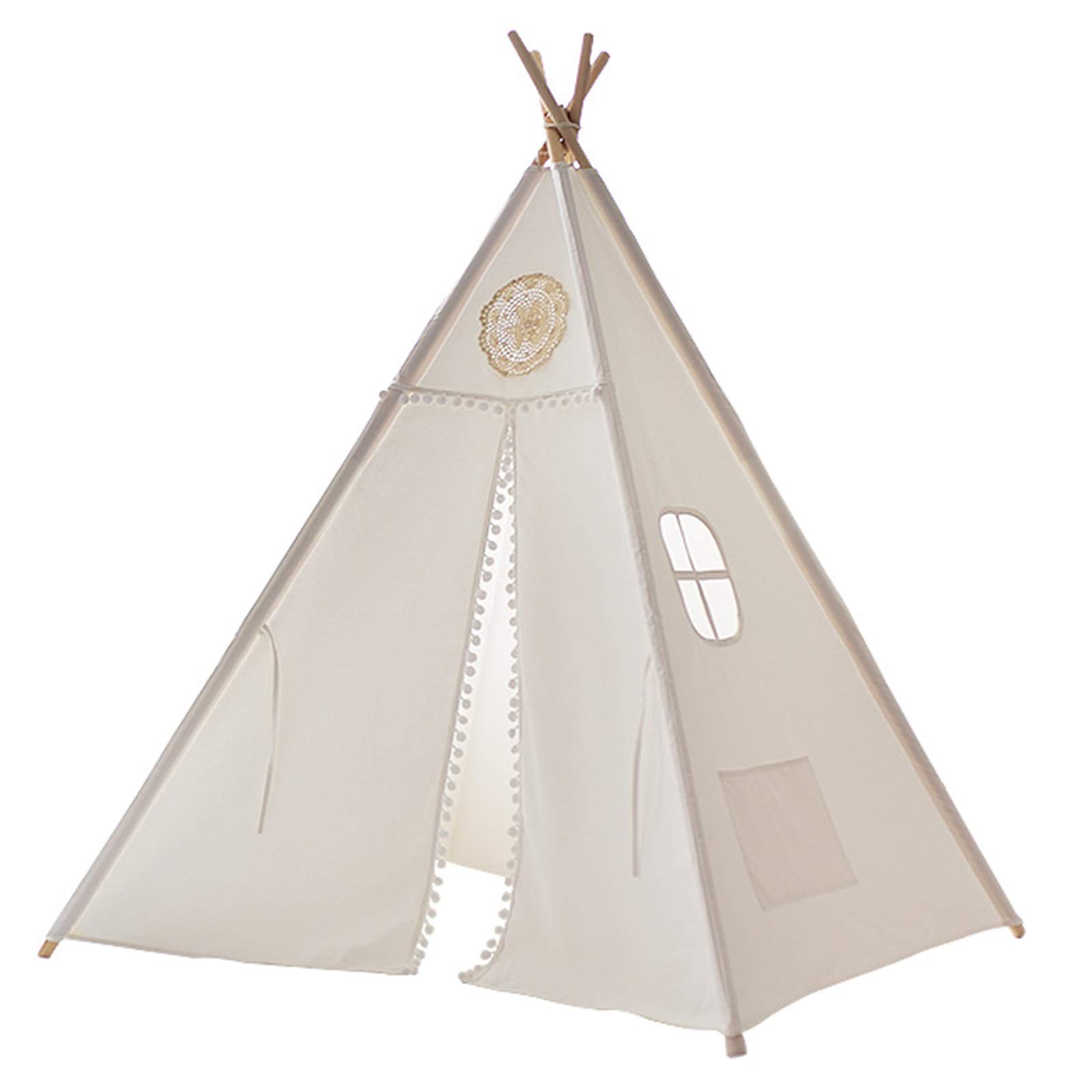 Kids Teepee Tent with LED Lights - Cotton Canvas Indoor Play Tent for Boys & Girls, Baby & Toddler - Sturdy & Comfortable Playhouse for Reading, Nap Time & Imaginative Play (White with Cotton Pad)