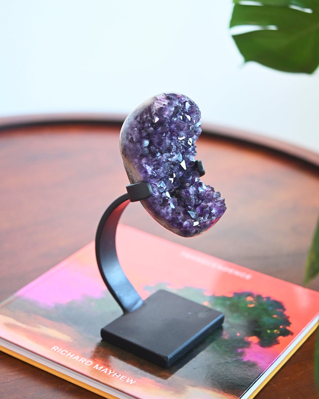 Natural Amethyst Crystal Geode on Wooden Stand - 3.7lbs Healing Stone for Home Decor, Meditation & Spiritual Gifts