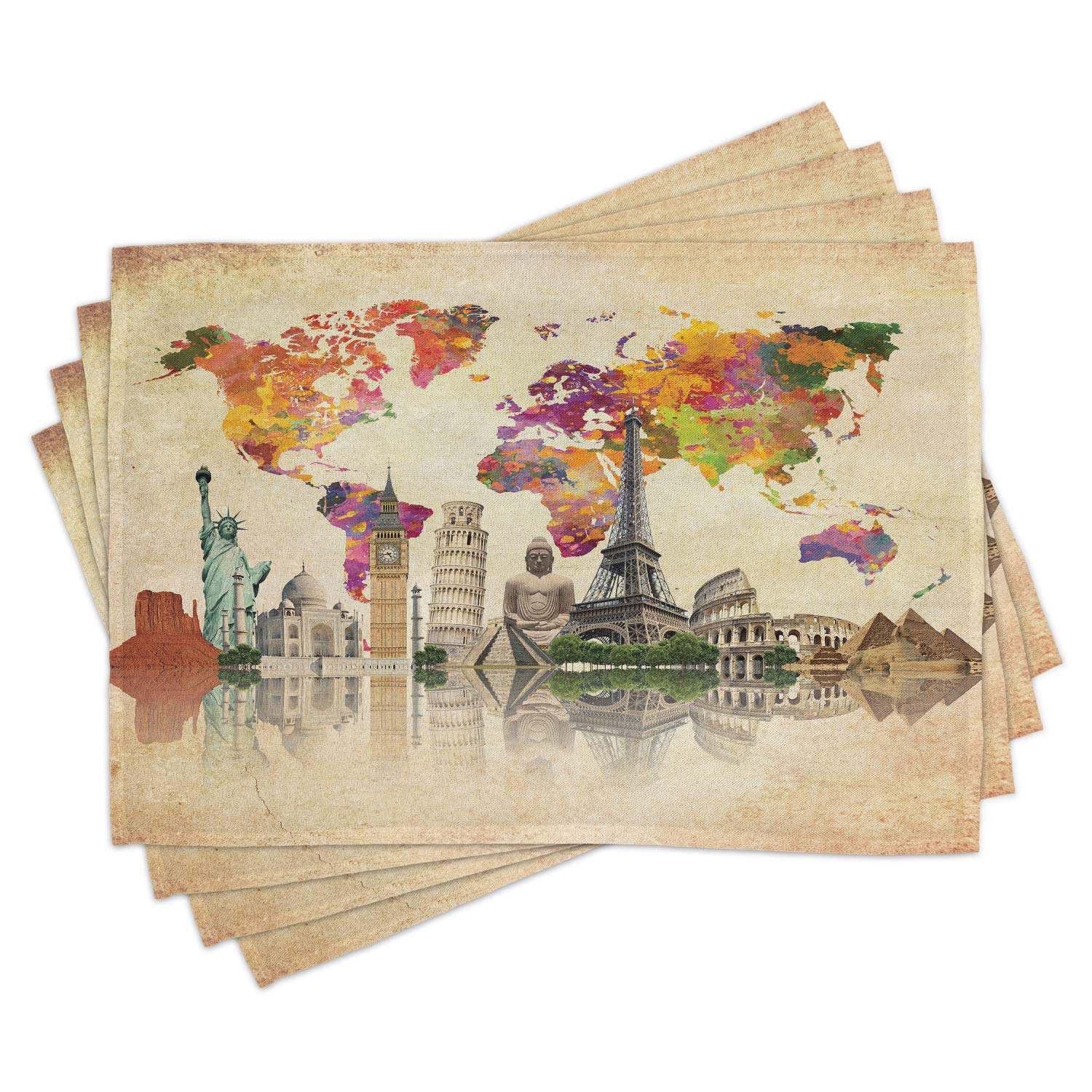 Lunarable Washable Fabric Placemats Set of 4 - World Landmarks & 7 Wonders Abstract Map Design for Dining Table | Standard Size Sepia Cream | Perfect for Home Decor, Kitchen, Restaurant & Dinner Parties