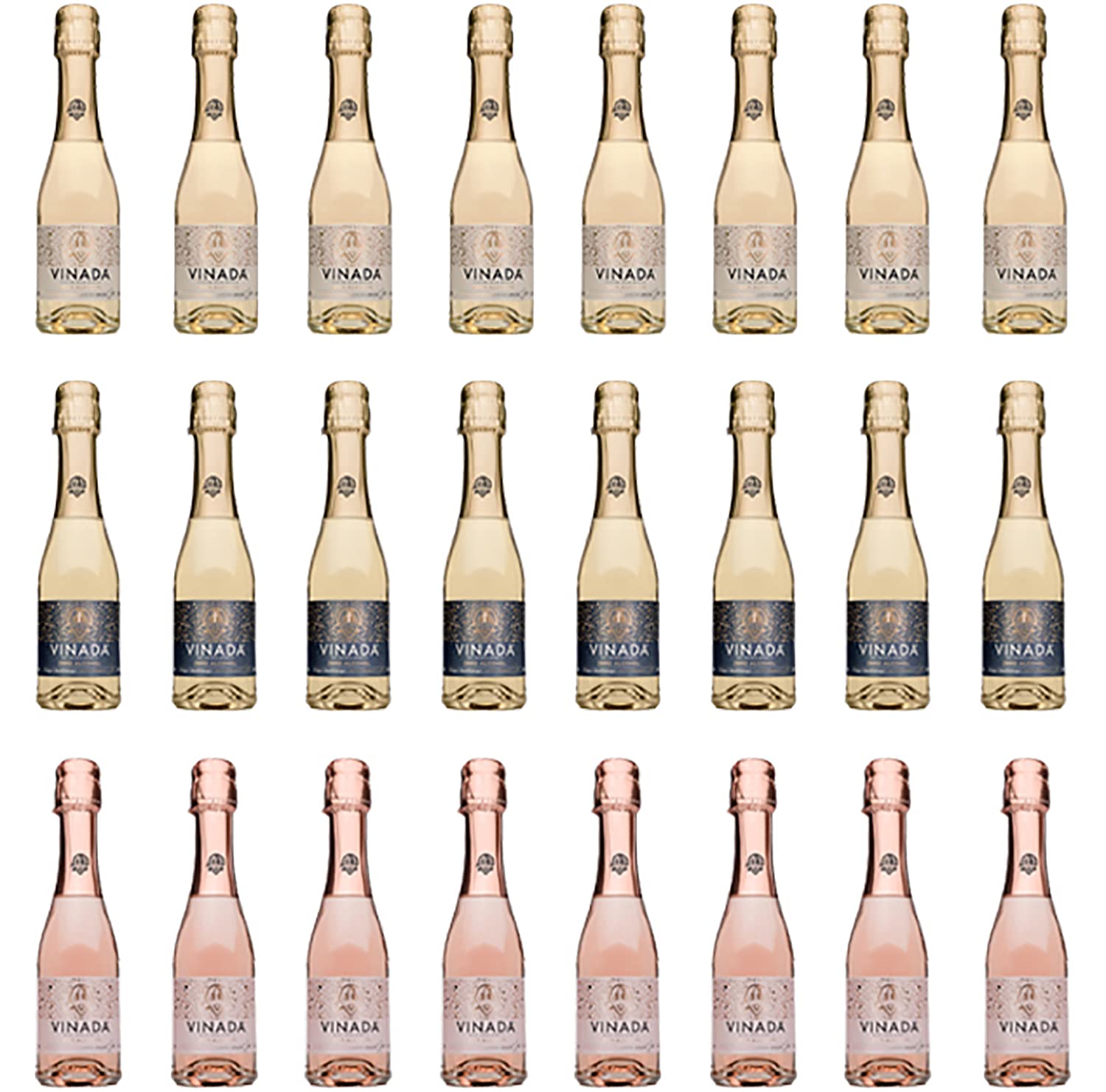 VINADA Alcohol-Free Sparkling Wine Variety Pack - Crispy Chardonnay, Gold & Rosé - 24 Mini 200ml Glass Bottles - Perfect for Parties, Gifts & Sober Celebrations