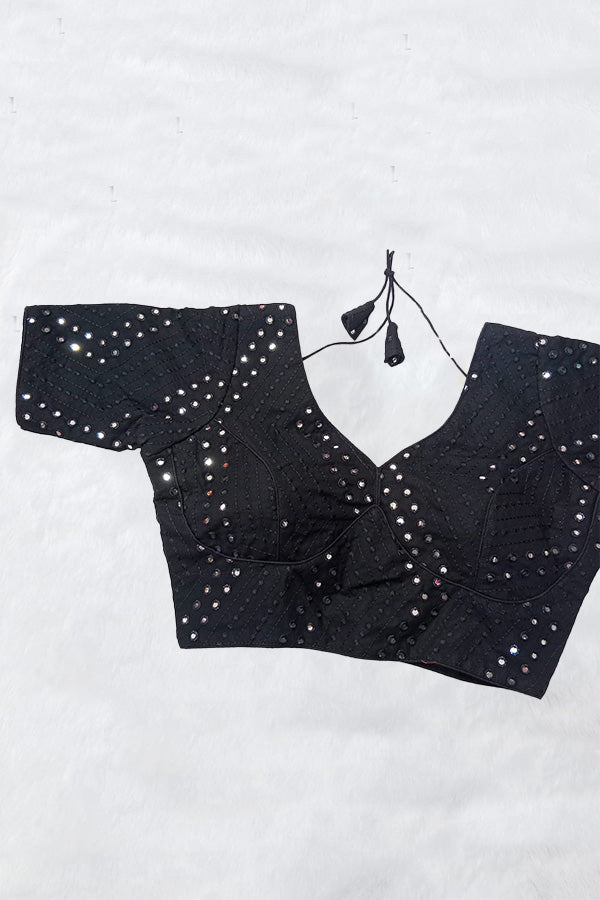 Stylish Black Foil Mirror Work Georgette Blouse (Design 1655) - Perfect for Parties, Weddings & Festive Occasions