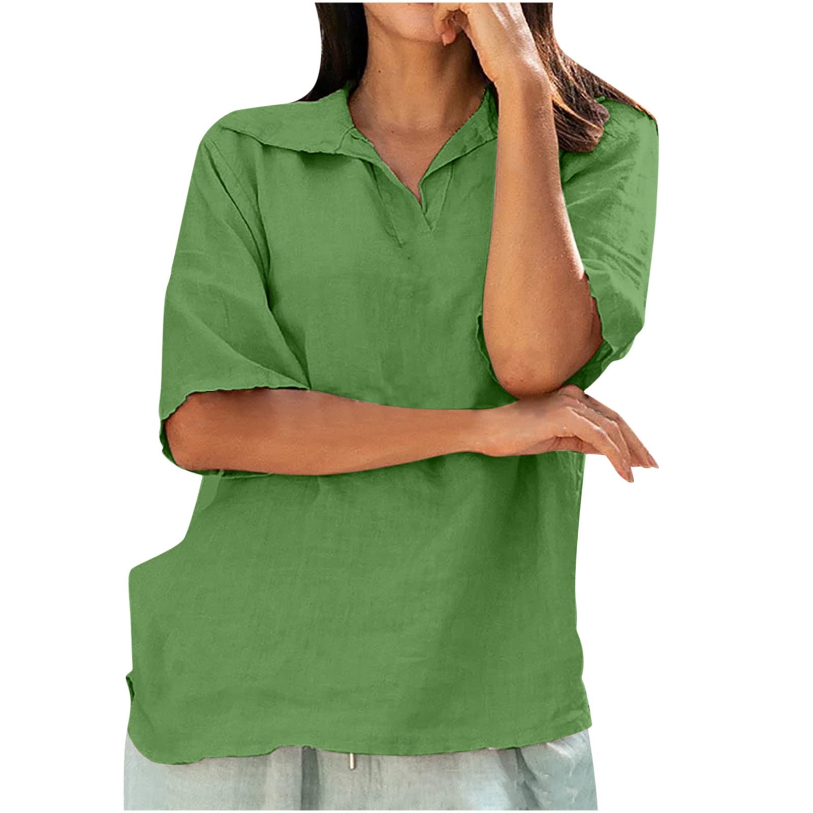 Women's Linen Shirt - Summer 2023 Casual & Dressy Short Sleeve V-Neck Collared T-Shirt | Loose Fit Trendy Blouse for Work, Travel & Everyday Wear
