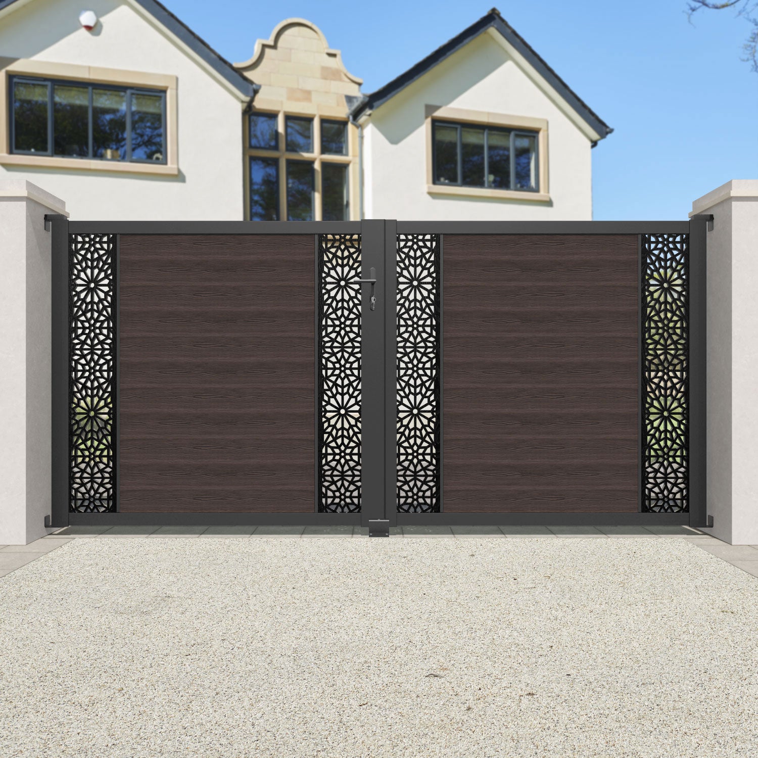 Classic Alnara Straight Top Driveway Gate - Mid Brown Finish with Middle & End Screen - Perfect for Residential & Commercial Property Security
