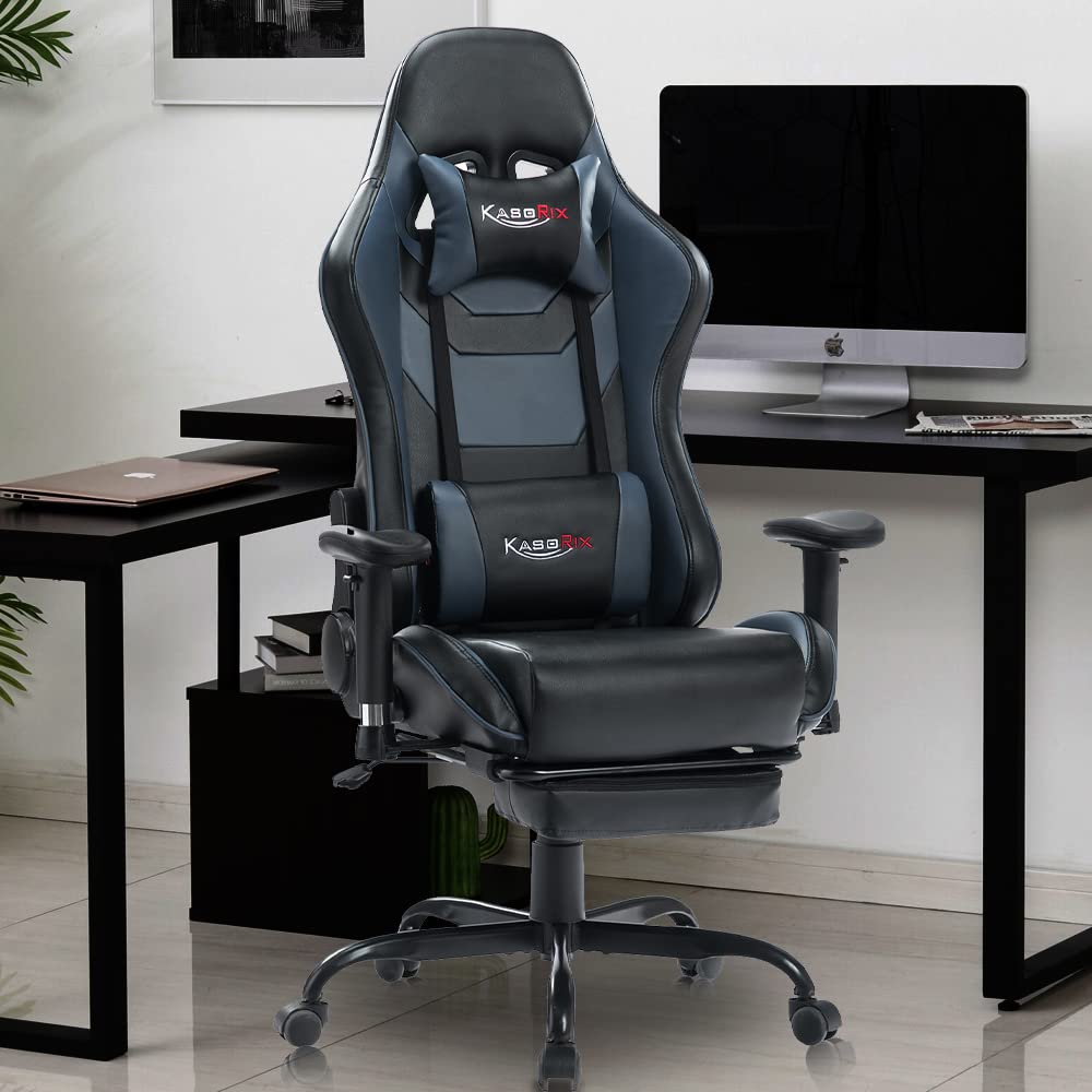 Comermax Ergonomic Gaming Chair with Massage, Footrest & Reclining - Black/Blue PC Computer Chair with Adjustable Headrest & Lumbar Support for Adults - Perfect for Esports, Office Work & Home Gaming Setup
