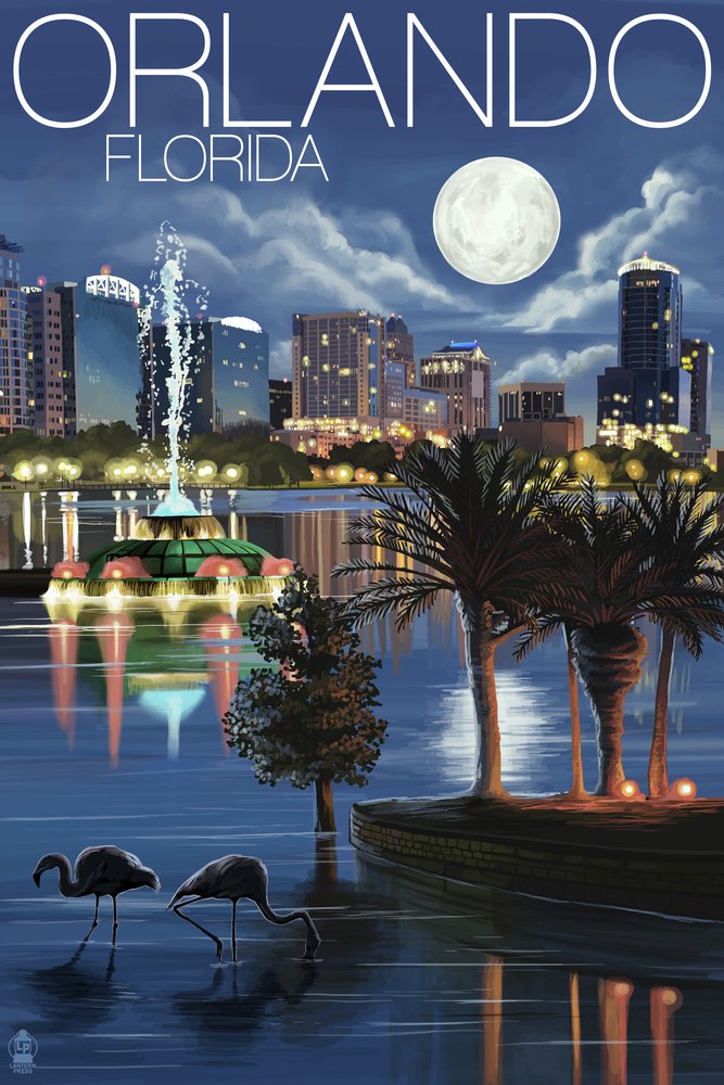 Orlando Florida Skyline at Night - 16x24 Gallery Quality Metal Wall Art, Aluminum Decor for Home & Office - Perfect for Living Room, Bedroom, or Office Wall Decor