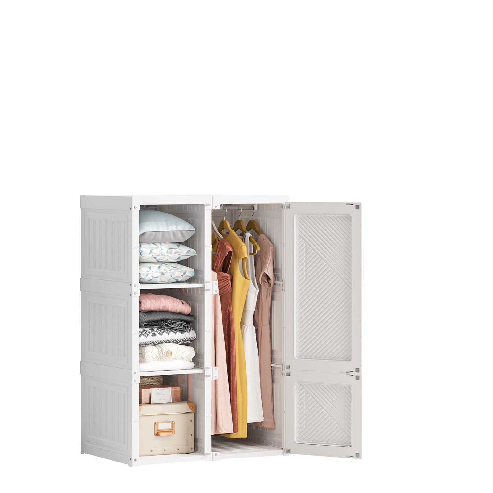 MAYIBOX 6-Cube Closet Organizer with Hanging Rod & 4 Doors - Portable Wardrobe Storage for Bedroom, Closet, Dorm - White Plastic Armoire with Depth Cube Shelves (W6-D4-H1) | Space-Saving Clothes Organizer for Small Apartments & College Dorms