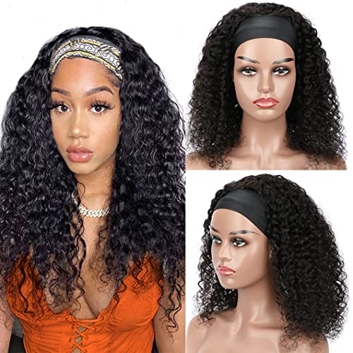 16 Inch Headband Wig Human Hair Deep Wave - Glueless No Lace Front Wigs for Black Women | 150% Density Curly Human Hair Wig in Natural Color | Perfect for Daily Wear, Parties & Protective Styling