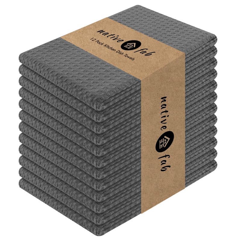 Premium 12-Pack Waffle Weave Kitchen Towels - 16x26 Inches, Soft & Absorbent Cotton Dish Cloths with Hanging Loop for Cleaning, Drying Dishes, Glassware & Countertops (Grey) - Ideal for Home Kitchen, Restaurant & Bar Use