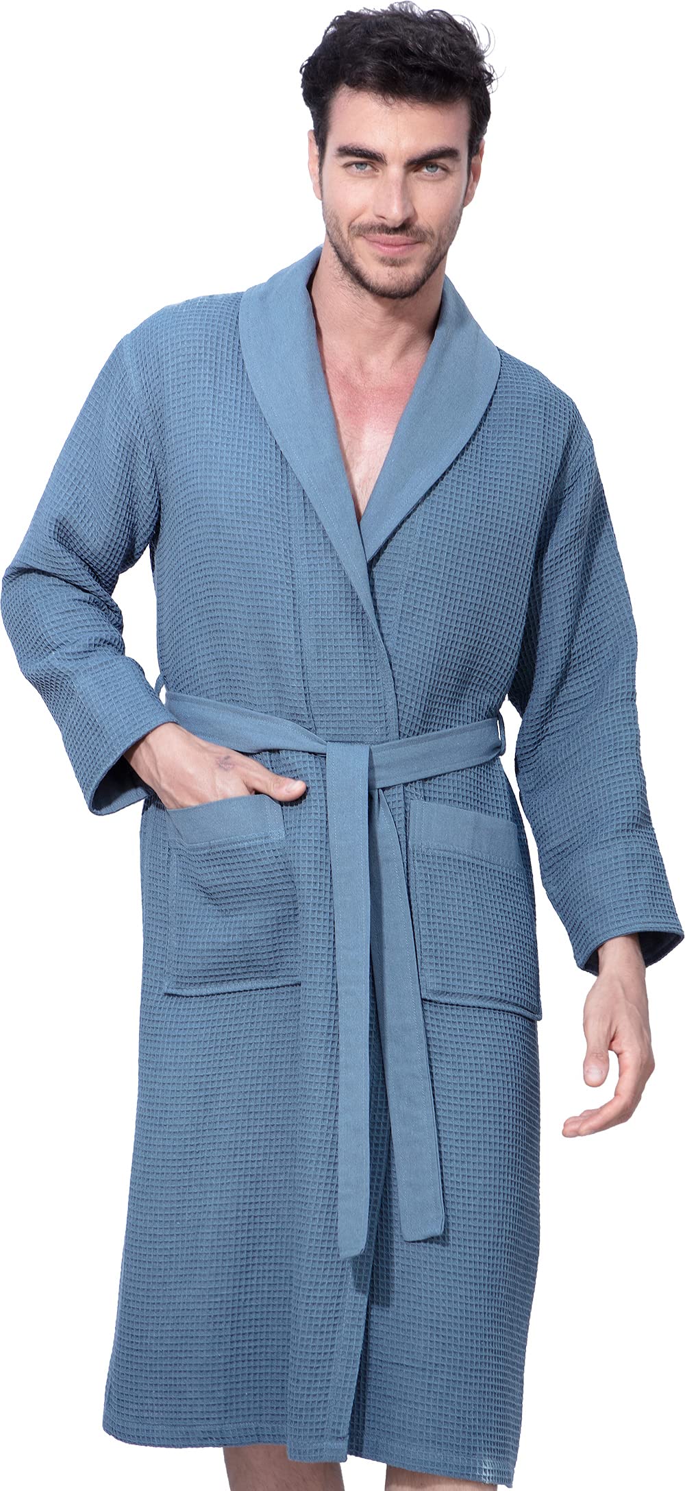SEYANTE Men's Lightweight Cotton Waffle Weave Robe with Hood - Ultra Soft Full Length Bathrobe for Spa, Sleepwear & Lounge Wear - Perfect for Relaxing at Home, After Shower & Self-Care Moments