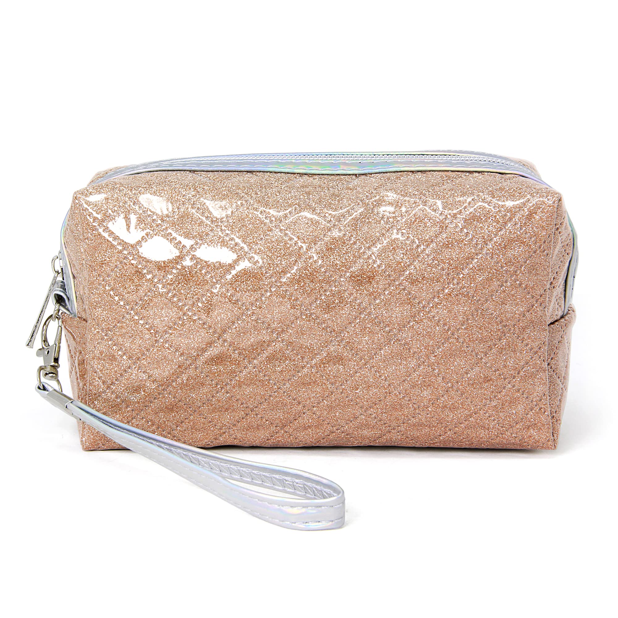 MEPLUS FASHION Small Makeup Bag for Women - Rose Gold Zipper Pouch Cosmetic Organizer | Travel Toiletry Case for Purse, Gym & Daily Use | Glittery Shiny Glitz Design for Girls & Teens