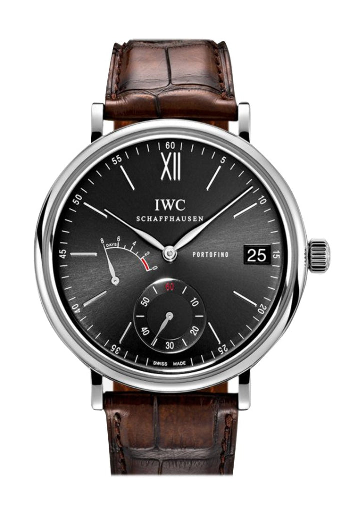 IWC Portofino Manual Wind 8-Day Power Reserve Black Dial Brown Leather Strap Men's Watch 510102 - Luxury Dress Watch for Business & Formal Occasions