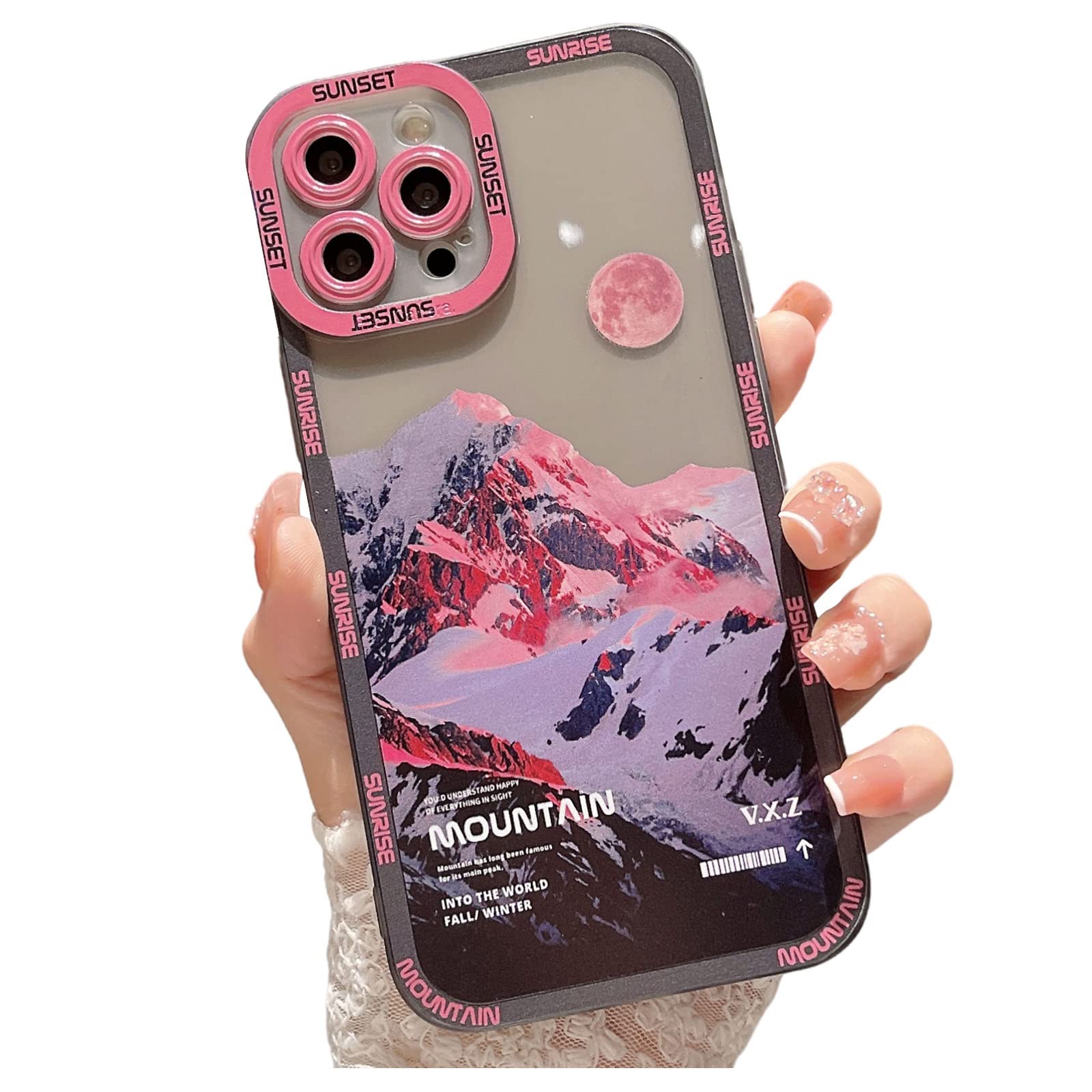 SPOBIT iPhone 12 Pro Max Case - Cute Snow Mountain Moon Night Design, Soft TPU Shockproof Cover with Camera Lens Protection for Women & Girls (Pink) - Perfect for Everyday Use, Travel & Gift Giving
