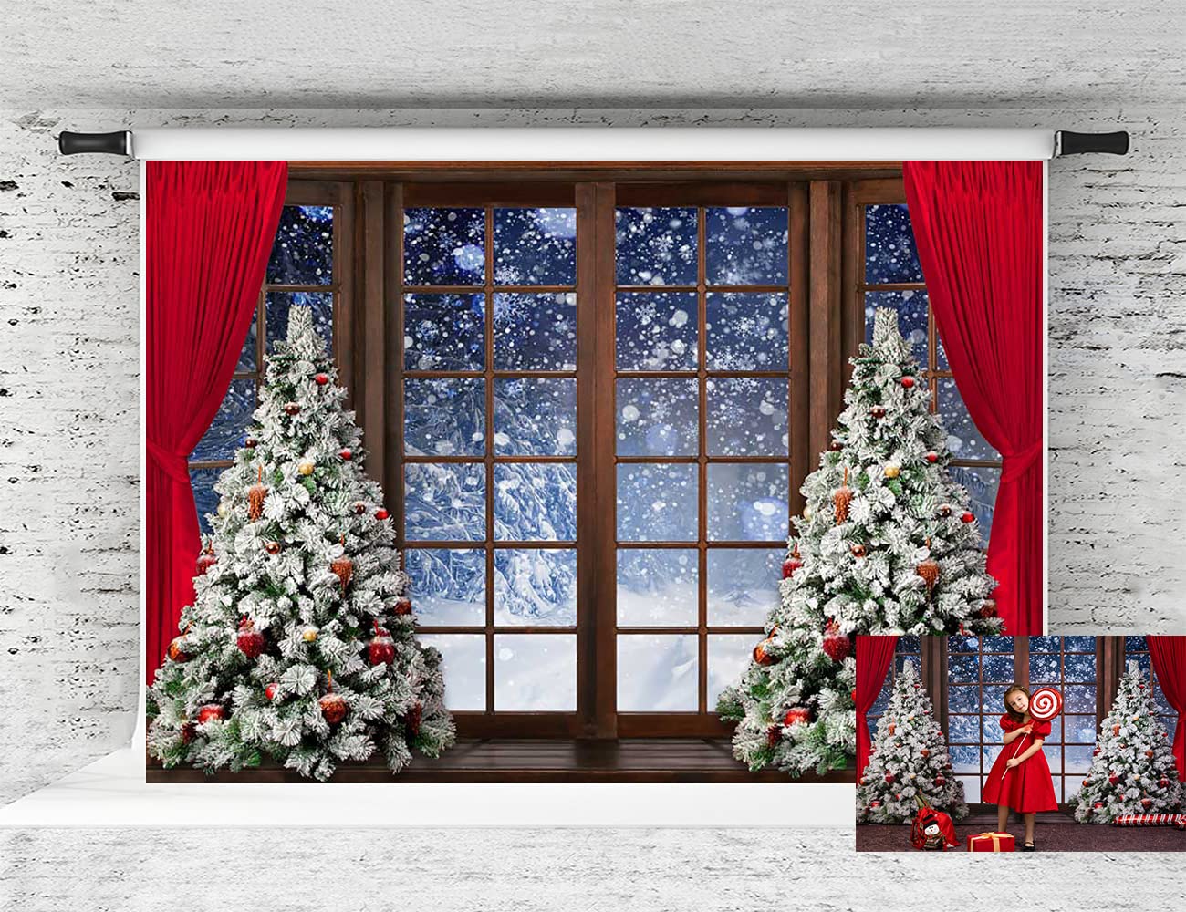 7x5ft Christmas Window Backdrop with Tree & Snowflakes for Photo Studio