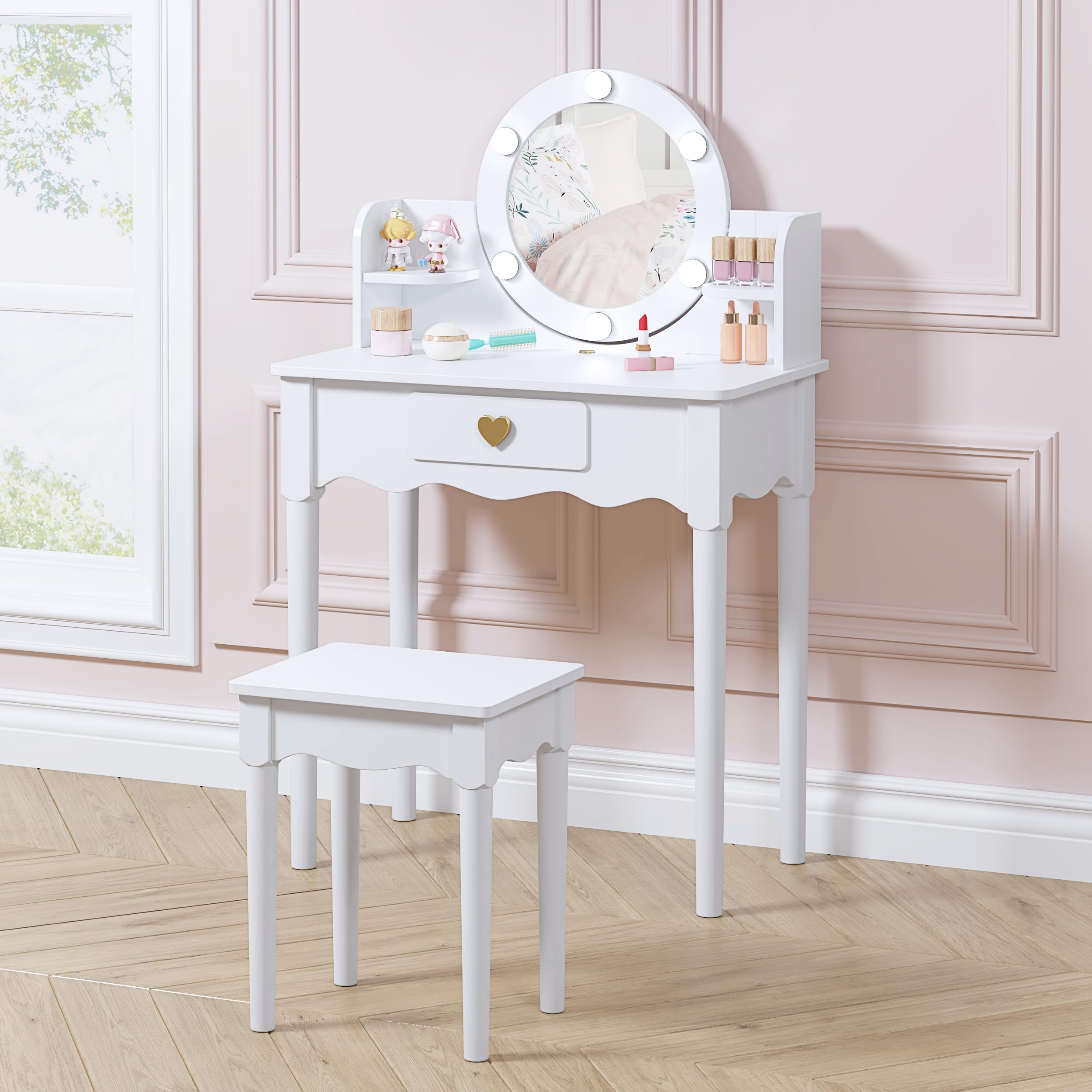 UTEX Kids Vanity Set with Mirror, Stool & Lights - Wooden Princess Makeup Desk & Dressing Table for Girls (White) | Pretend Play, Birthday Gift & Room Decor