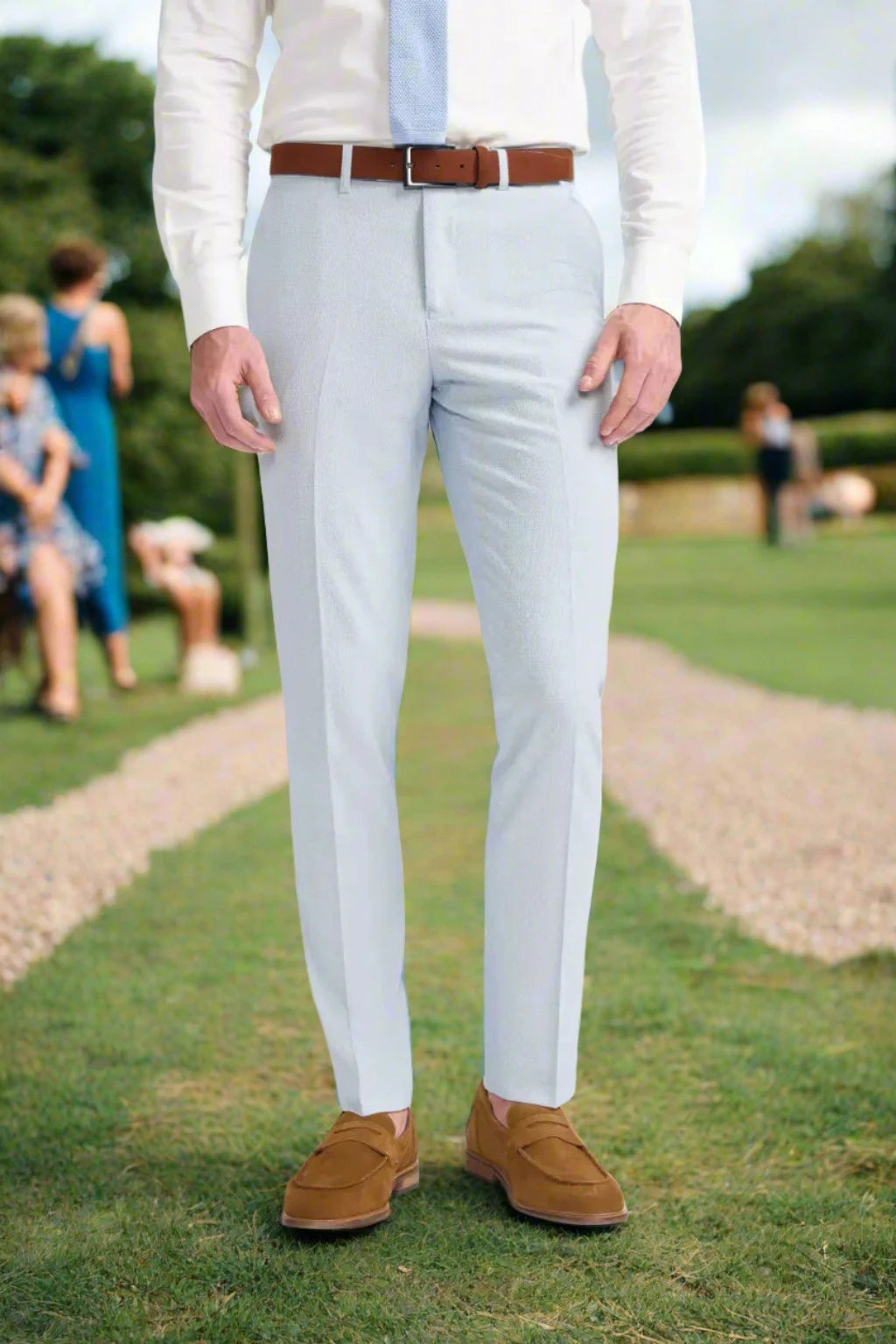 Cavani's Siren Seersucker Sky Blue Trousers for Men - Lightweight Summer Pants for Casual Wear & Beach Vacations