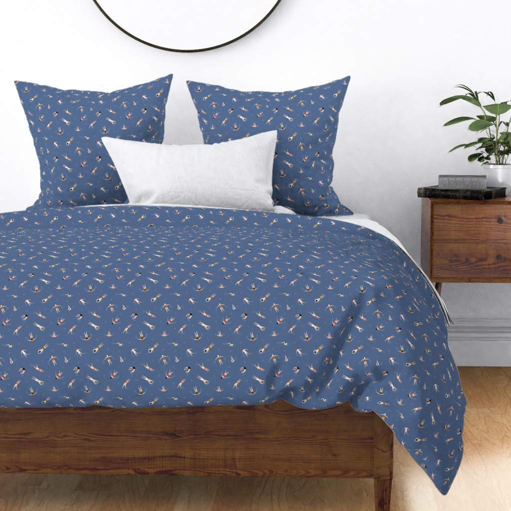 Cute Swimmers Swimming Pool Summer Sea Sport Team Nautical Beach Print Cotton Sateen Duvet Cover - Full/Queen Size Custom Bedding for Beach House, Vacation Rental or Coastal-Themed Bedroom Decor