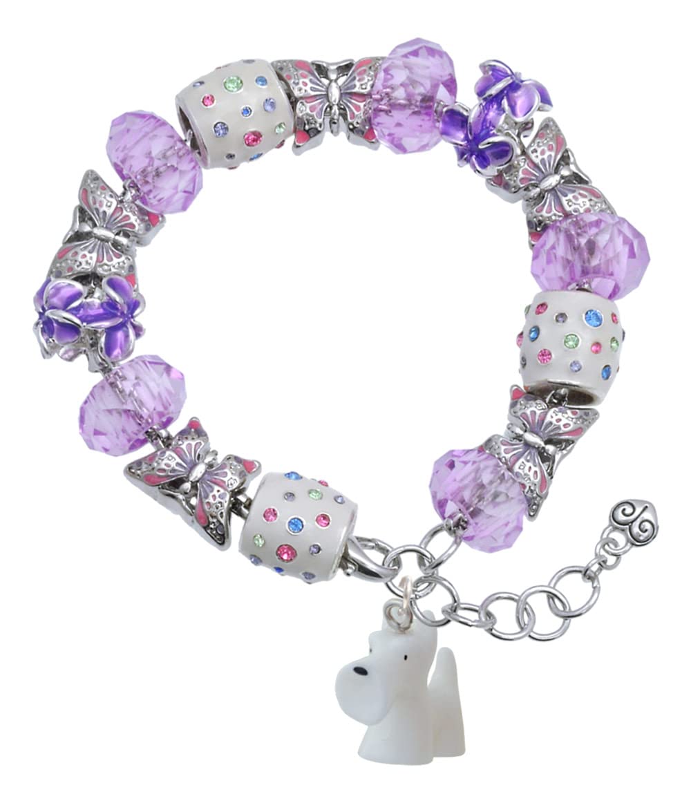 Delight Jewelry Resin White Scottie Dog & Purple Butterfly Bead Charm Bracelet with 7