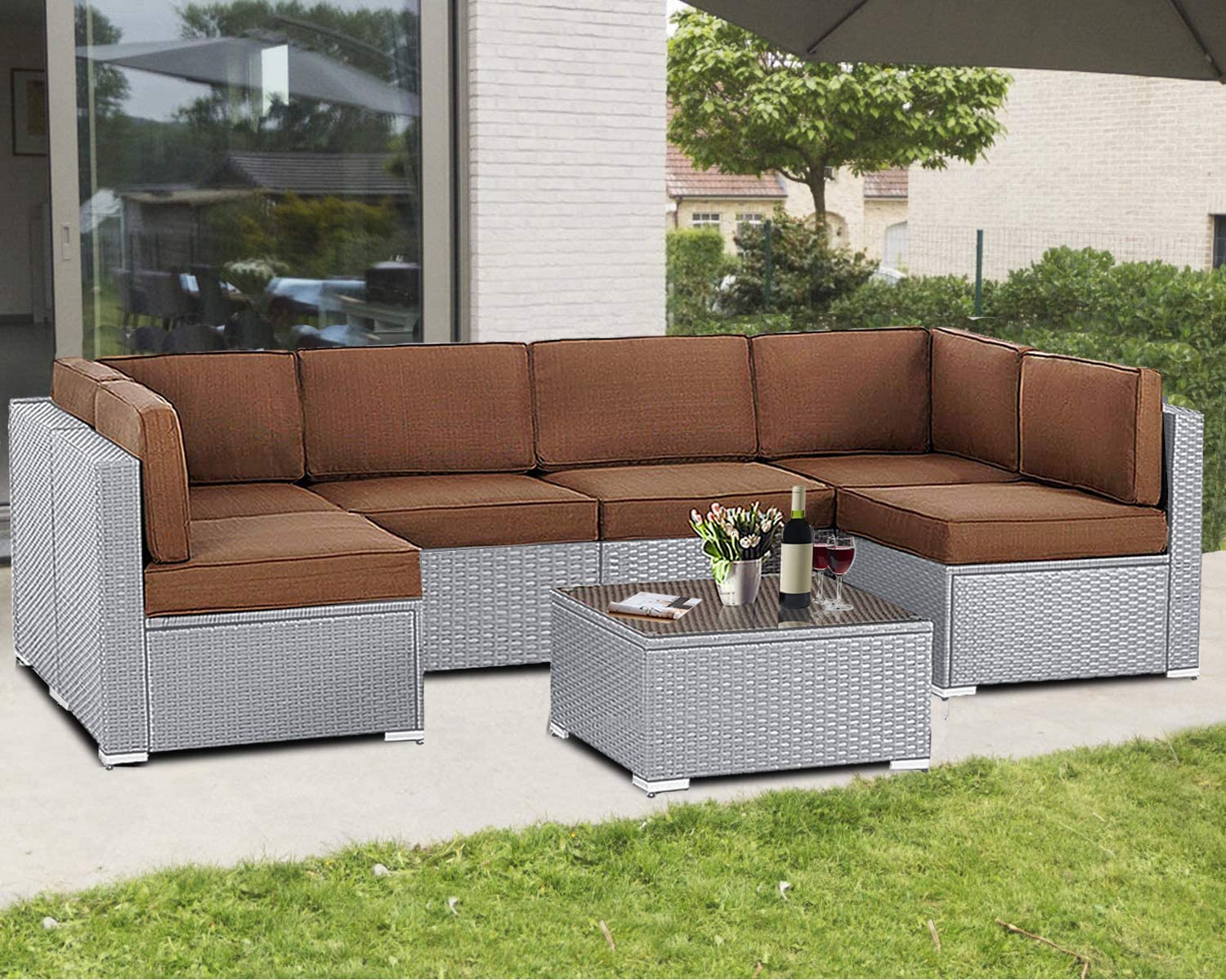 7-Piece Outdoor Patio Furniture Set - Wicker Rattan Sectional Sofa with Glass Top Table & Removable Cushions (Brown) - Perfect for Backyard, Garden, Poolside & Patio Relaxation