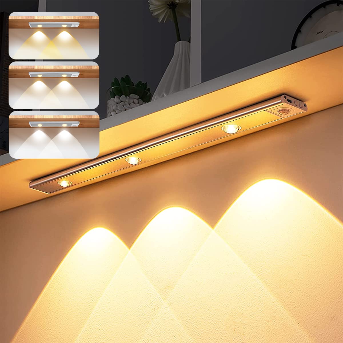 USB Rechargeable LED Motion Sensor Cabinet Light - 3 Modes, 16 Inch Wireless Magnetic Under Cabinet Lighting for Closet, Stairs, Kitchen, Garage (Stick-on Anywhere, Motion Activated) - Perfect for Nighttime Safety & Convenient Home Organization