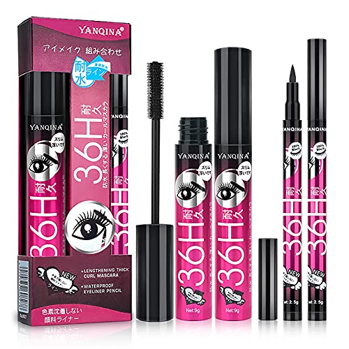 QICHA 4D Silk Fiber Mascara & Eyeliner Set - Waterproof, Smudge-Proof, No Clumping for Extra Long Lashes (4 Styles) | Lengthening & Thickening Makeup for Women | Perfect for Daily Wear, Parties & Special Occasions