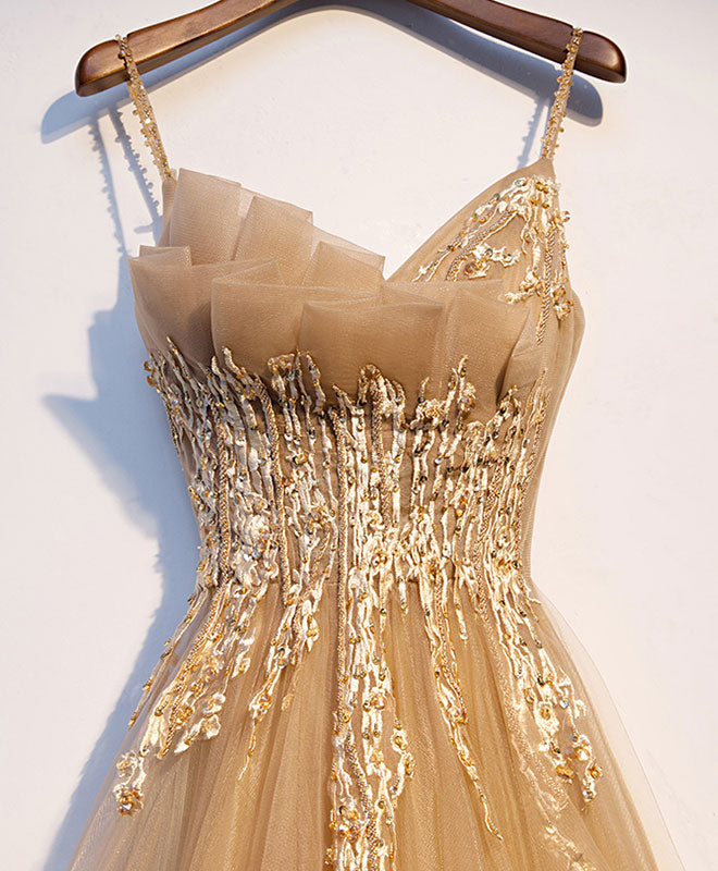 Elegant Champagne Tulle Lace Long Prom Dress for Evening Gala - Perfect for Homecoming, Prom Night & Formal Events