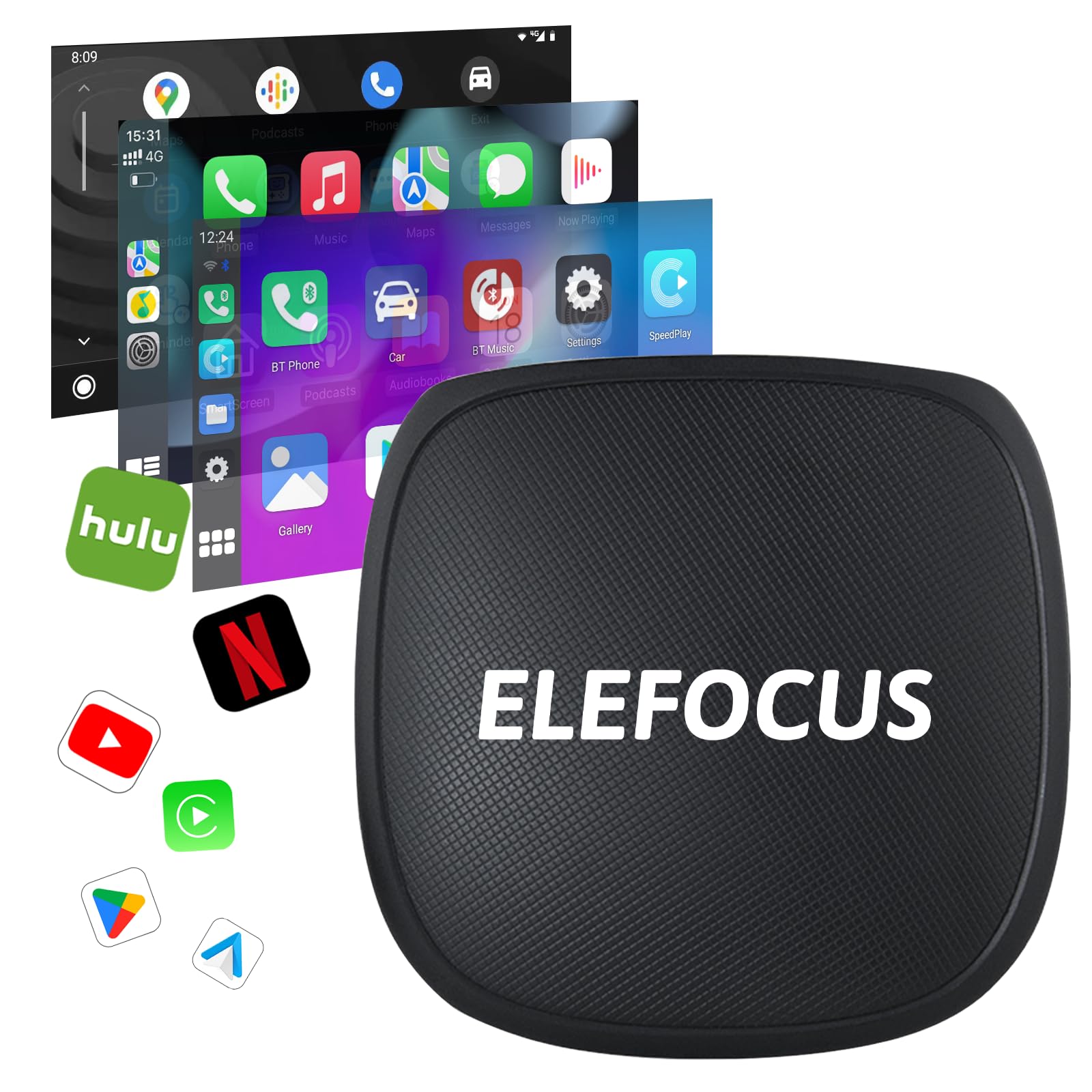2024 Newest 4-in-1 Wireless CarPlay & Android Auto Adapter - AI Box Streaming Media Player with Netflix/YouTube/Play Store/TF Card Support - Compatible with OEM Wired CarPlay Cars - Perfect for Long Road Trips, Commuting & In-Car Entertainment