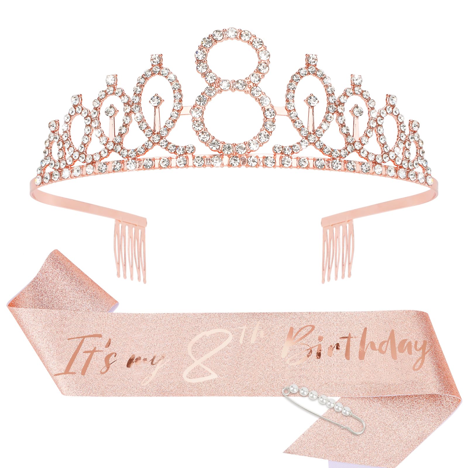 CIEHER 8th Birthday Crown & Sash Set with Pearl Pin - Elegant 8th Birthday Party Decorations for Girls - Perfect for Birthday Celebrations, Photo Shoots & Special Occasions