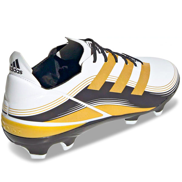 Adidas Gamemode Firm Ground Soccer Cleats for Men - Lightweight Football Shoes with Enhanced Traction (Cloud White/Gold Metallic) - Perfect for Competitive Matches & Training Sessions